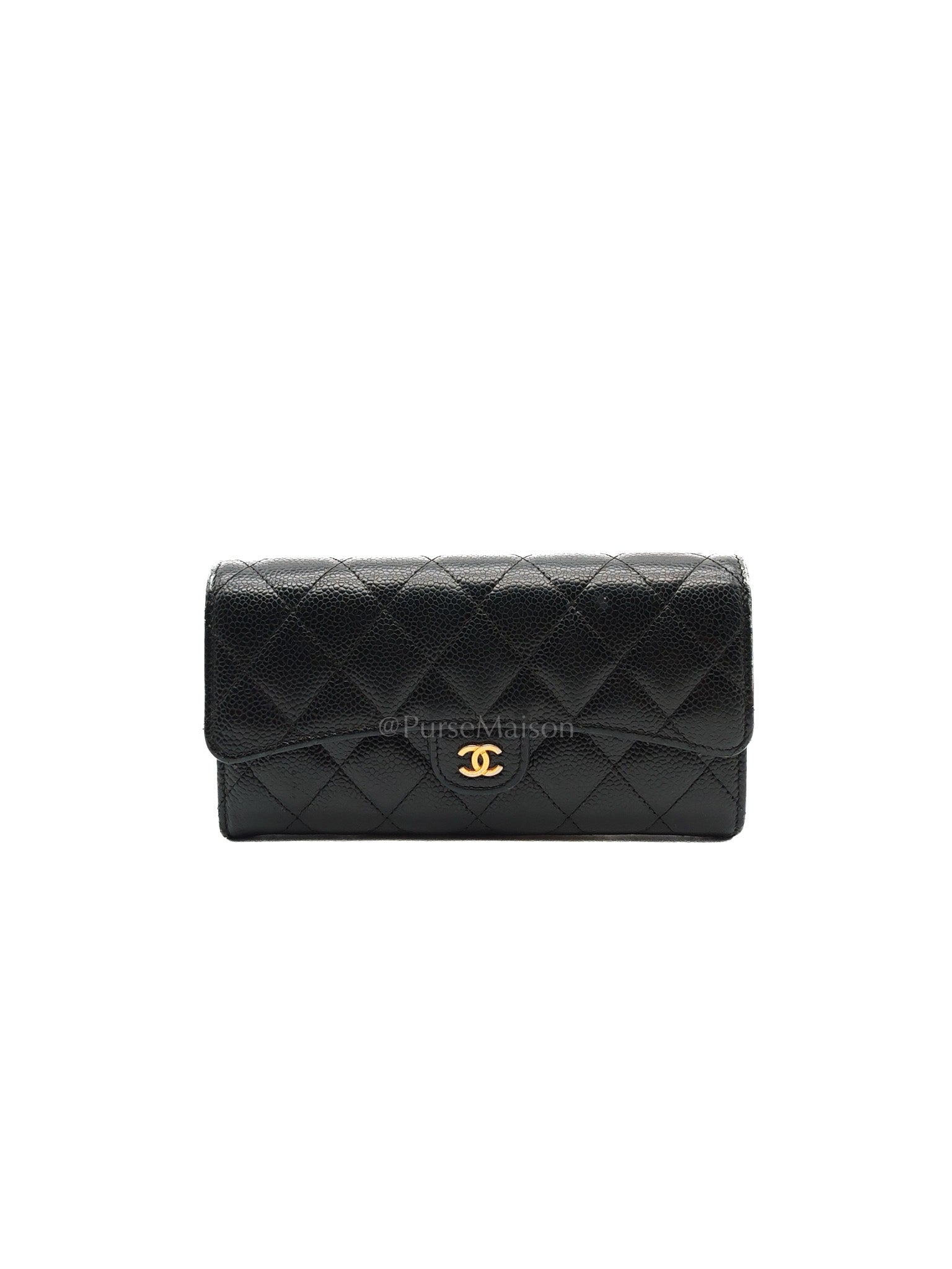 L-Gusset Flap Wallet in Black Quilted Caviar Leather & Gold Hardware Series 24 | Purse Maison Luxury Bags Shop