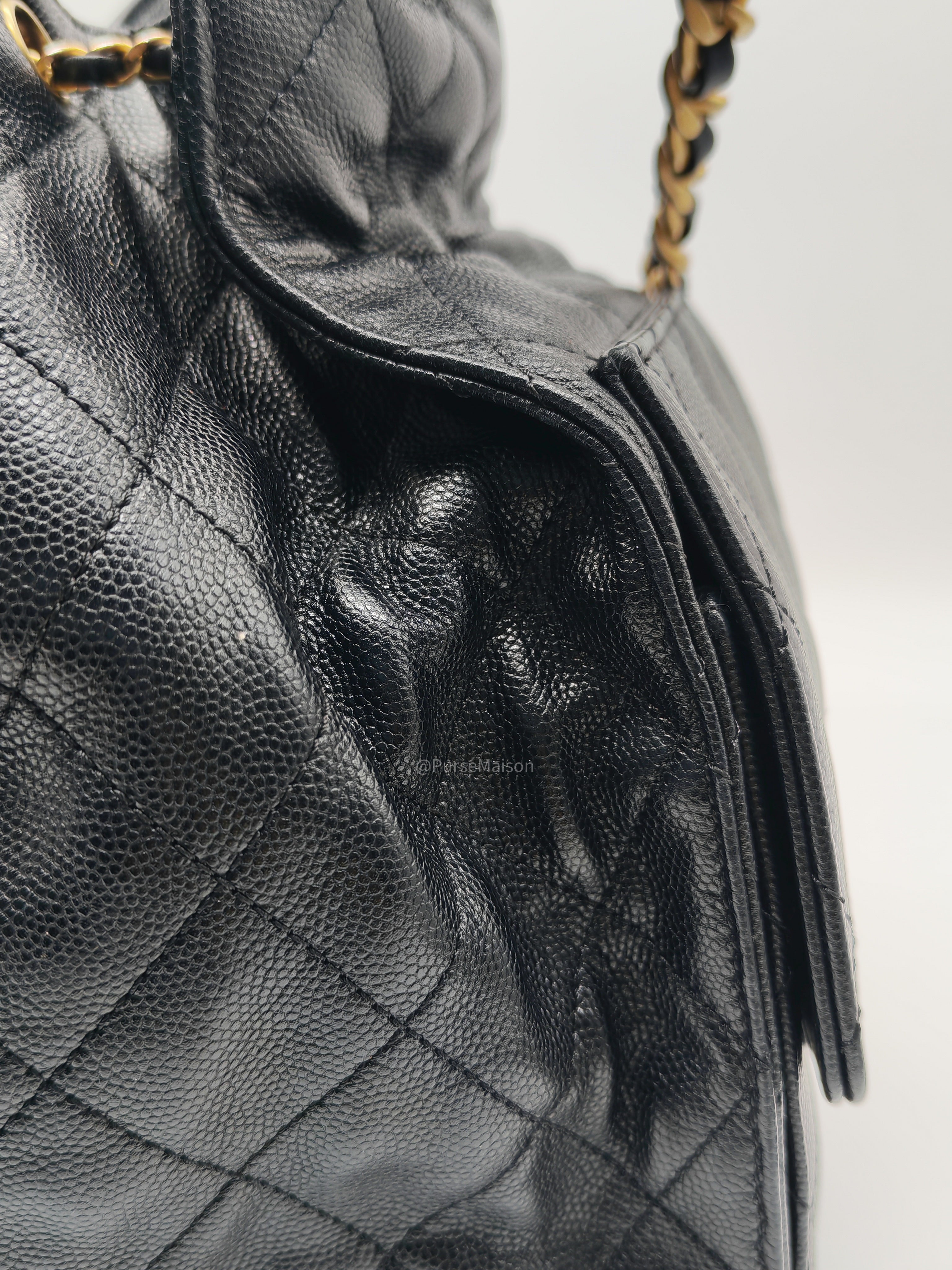 Chanel 25 Hobo Bag Medium in Black Caviar Leather Aged Gold Hardware (Microchip)