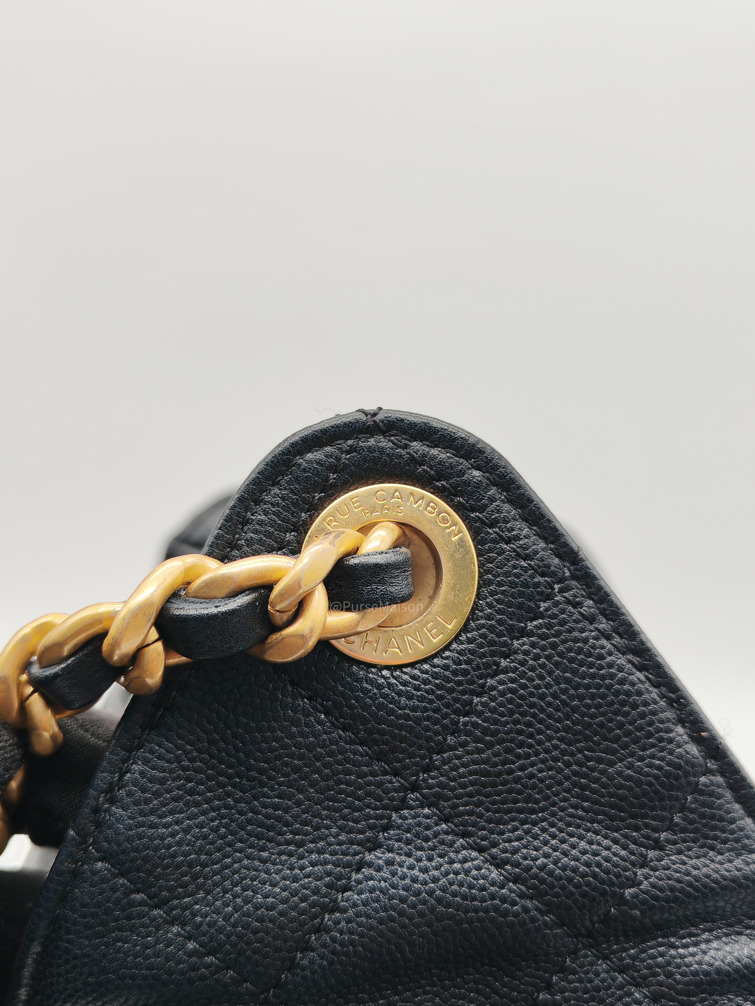 Chanel 25 Hobo Bag Medium in Black Caviar Leather Aged Gold Hardware (Microchip)