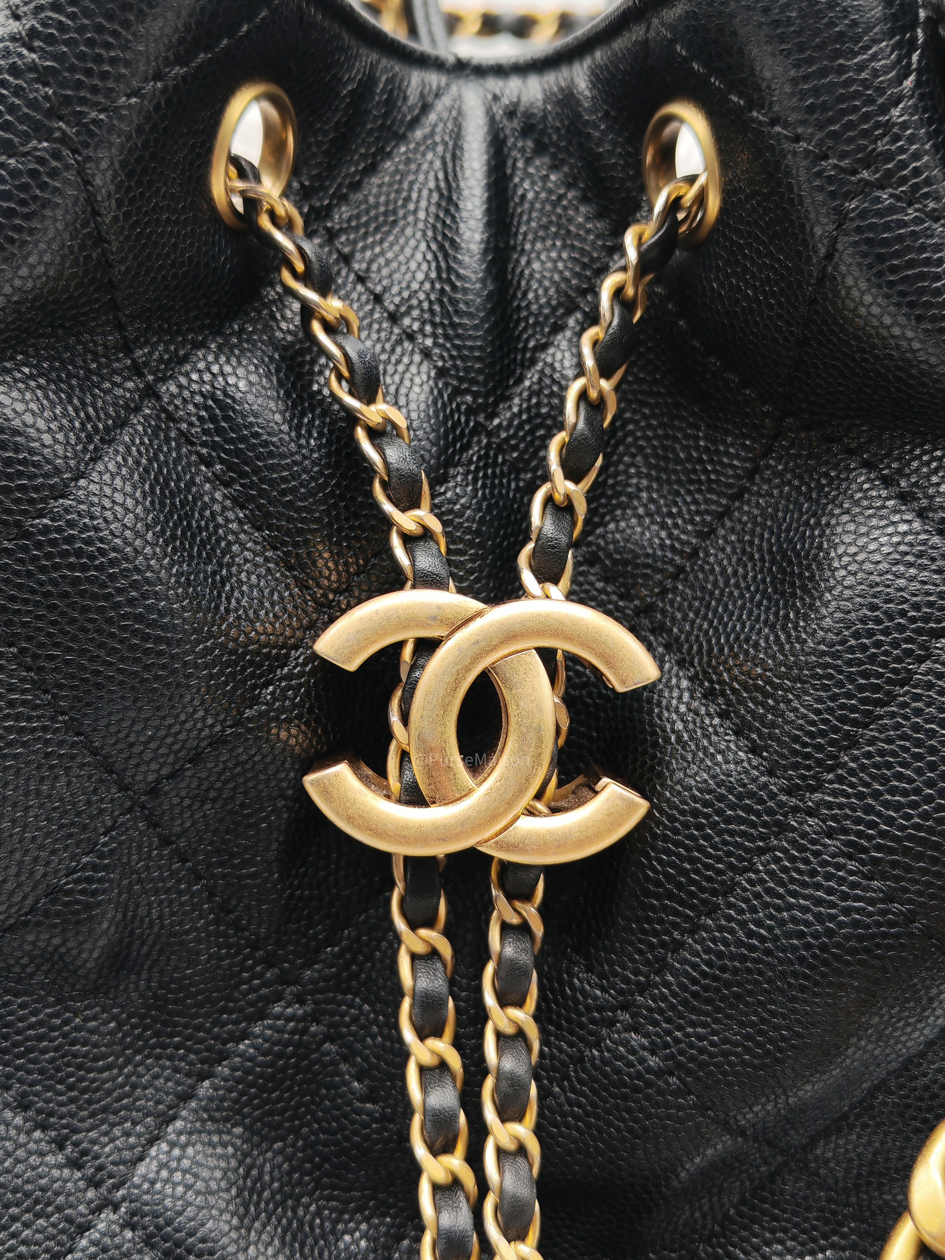 Chanel 25 Hobo Bag Medium in Black Caviar Leather Aged Gold Hardware (Microchip)