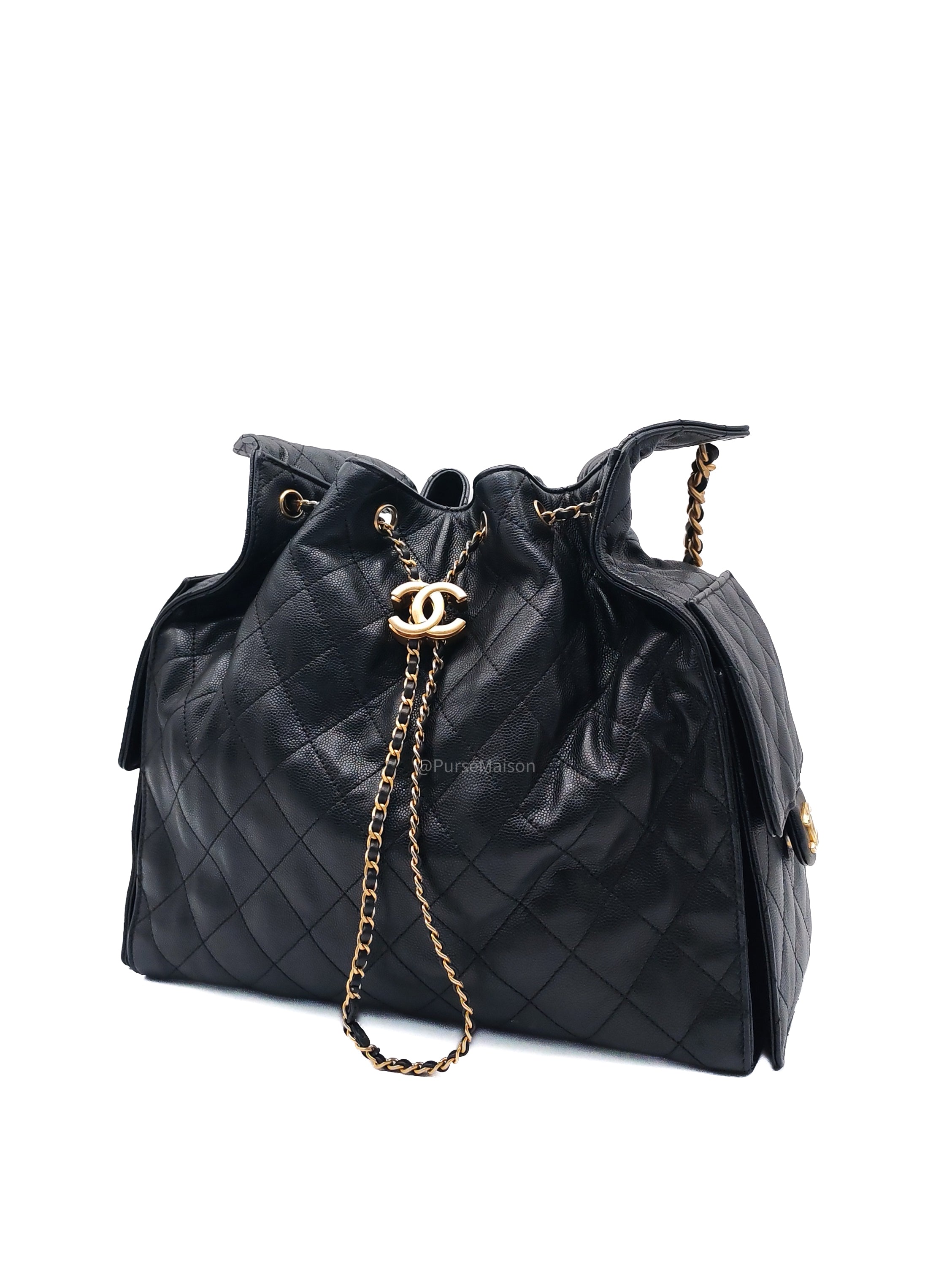 Chanel 25 Hobo Bag Medium in Black Caviar Leather Aged Gold Hardware (Microchip)