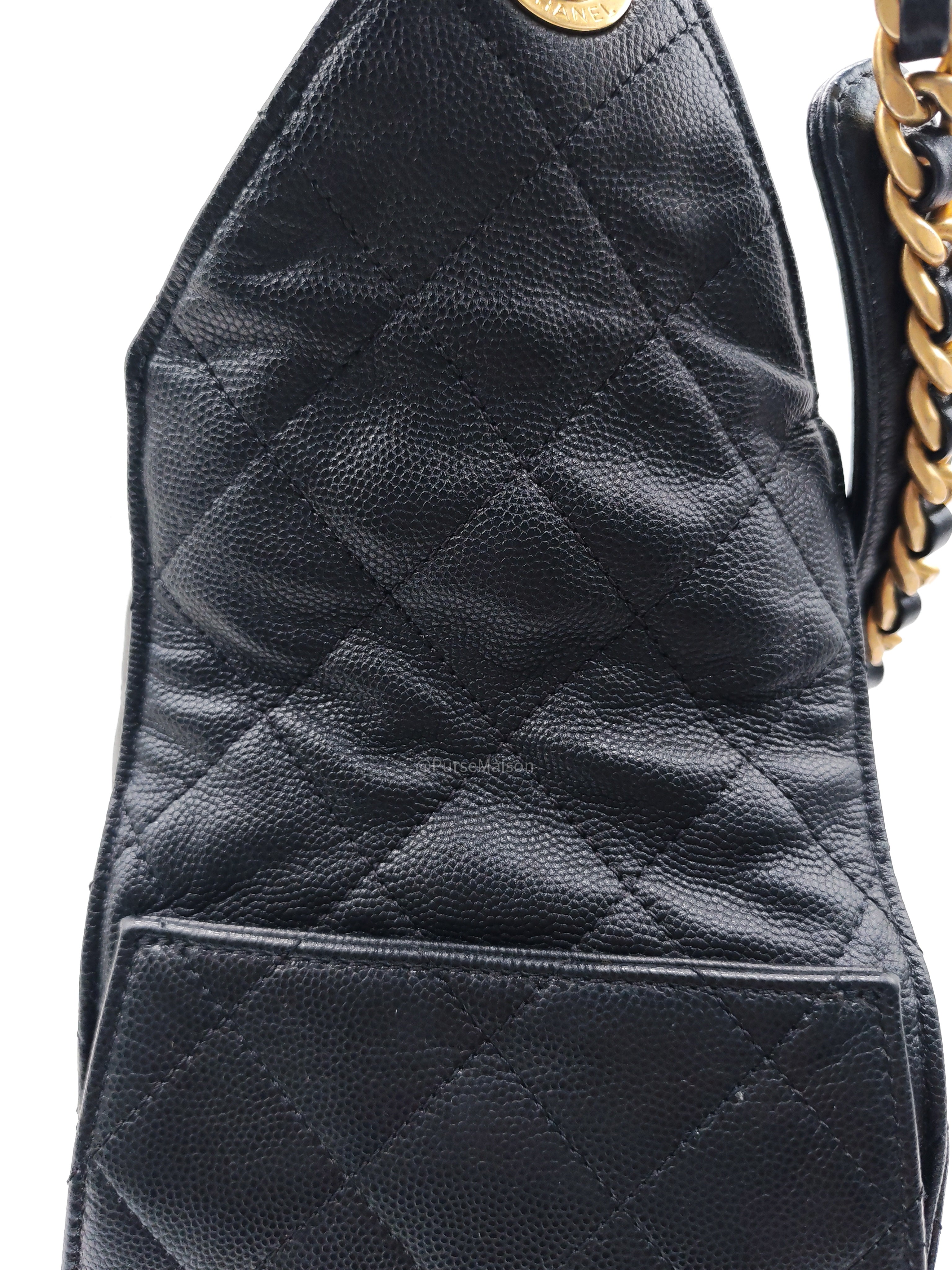 Chanel 25 Hobo Bag Medium in Black Caviar Leather Aged Gold Hardware (Microchip)