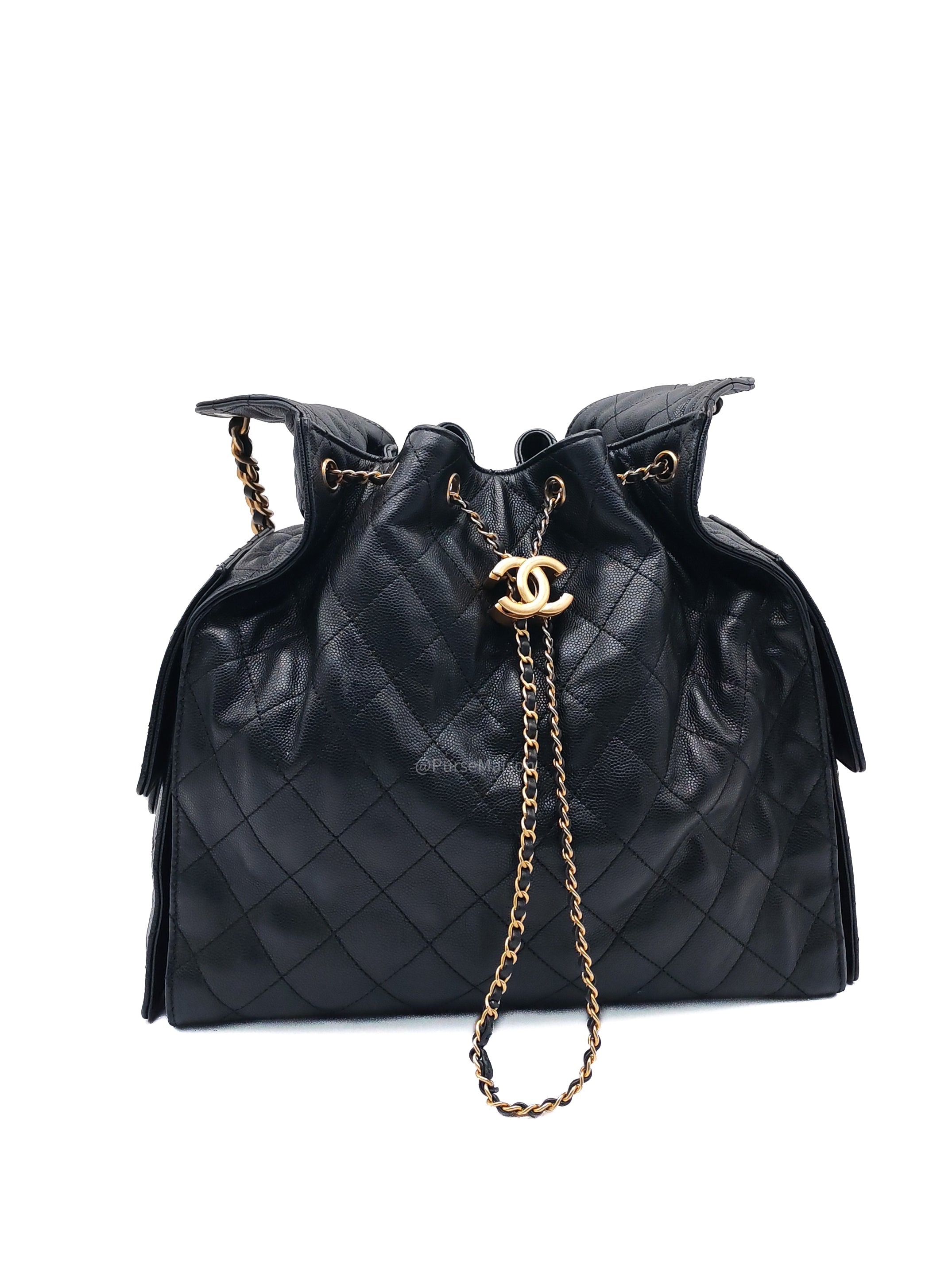 Chanel 25 Hobo Bag Medium in Black Caviar Leather Aged Gold Hardware (Microchip)