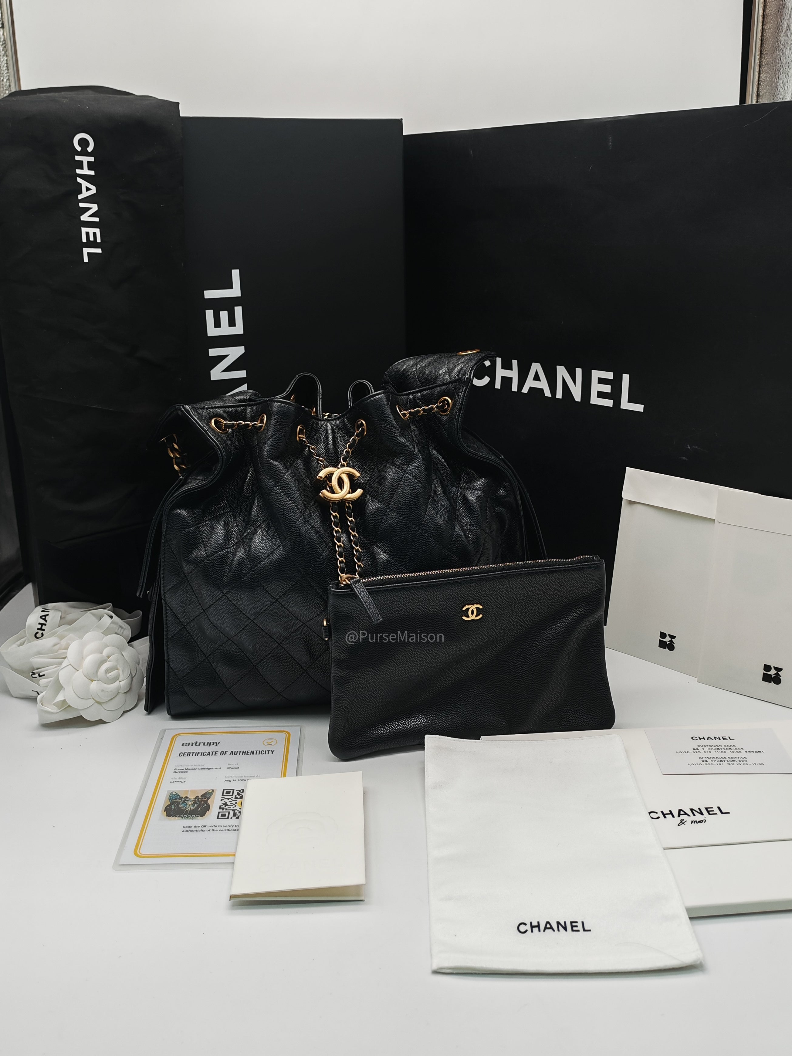 Chanel 25 Hobo Bag Medium in Black Caviar Leather Aged Gold Hardware (Microchip)