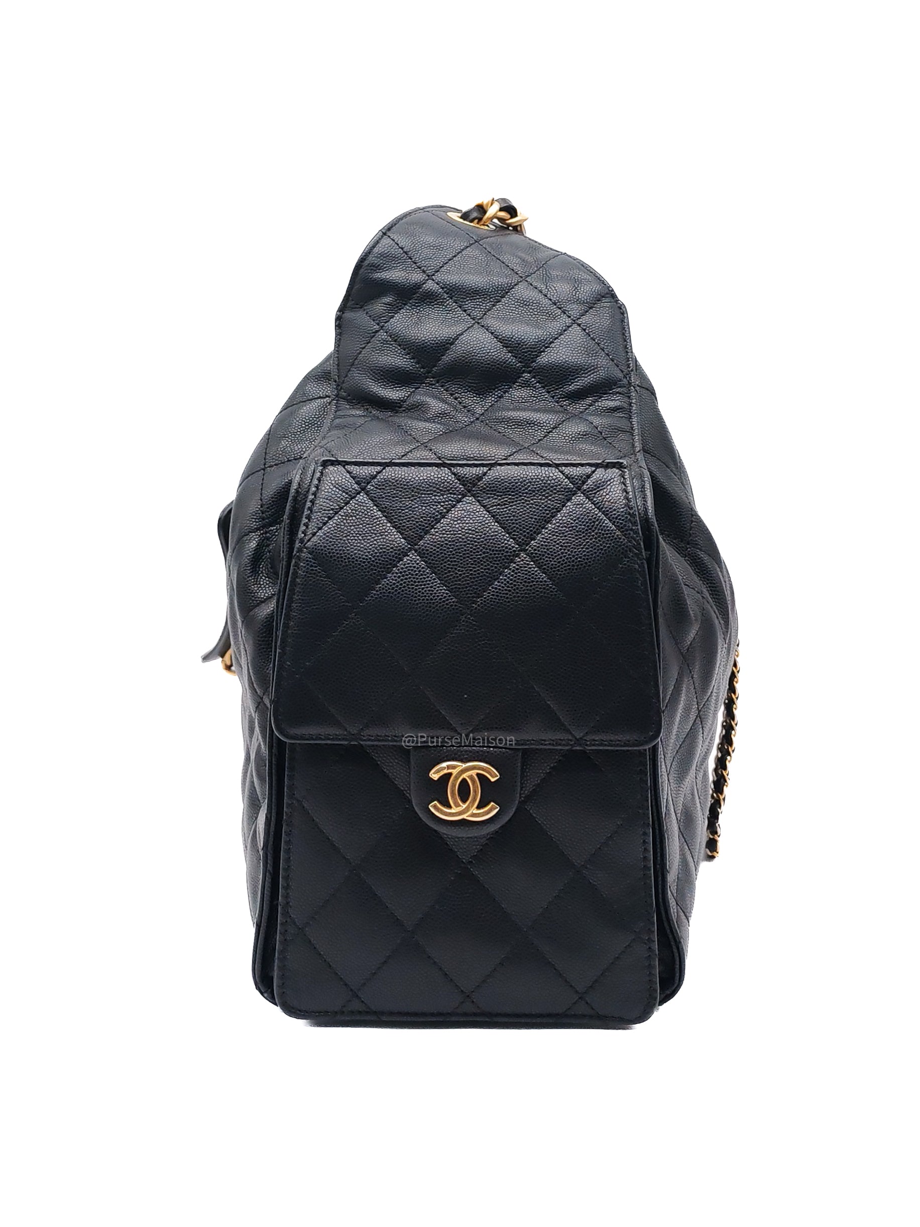 Chanel 25 Hobo Bag Medium in Black Caviar Leather Aged Gold Hardware (Microchip)