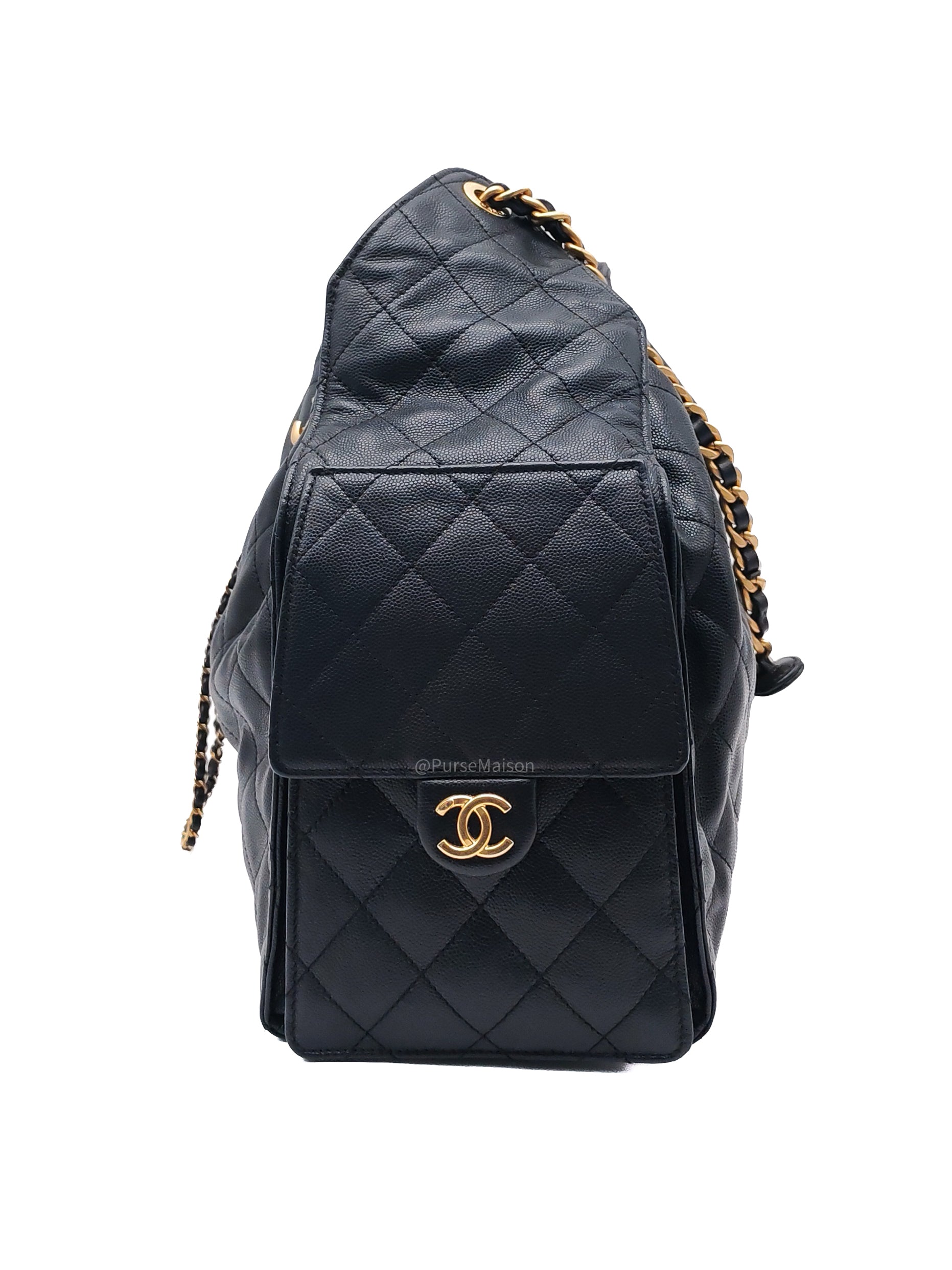 Chanel 25 Hobo Bag Medium in Black Caviar Leather Aged Gold Hardware (Microchip)