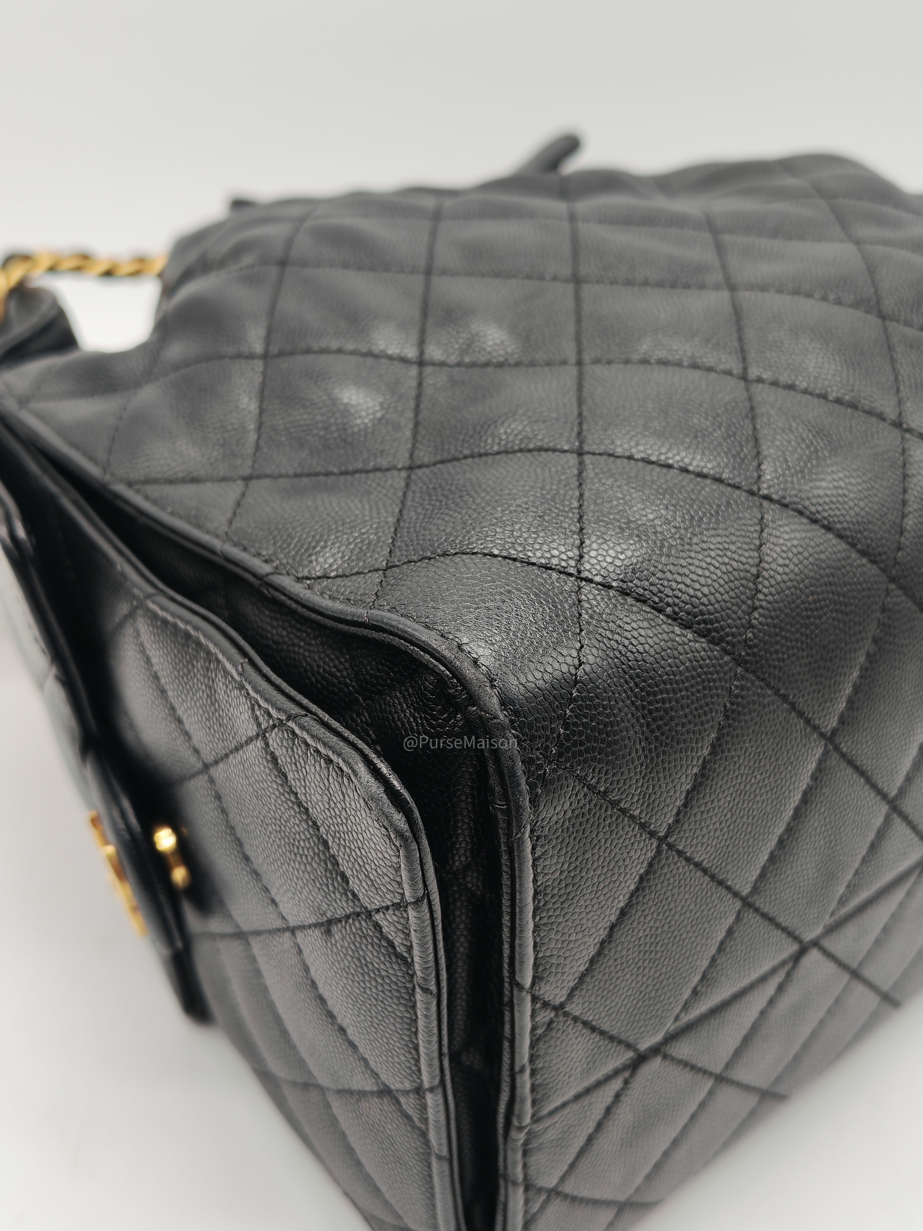 Chanel 25 Hobo Bag Medium in Black Caviar Leather Aged Gold Hardware (Microchip)