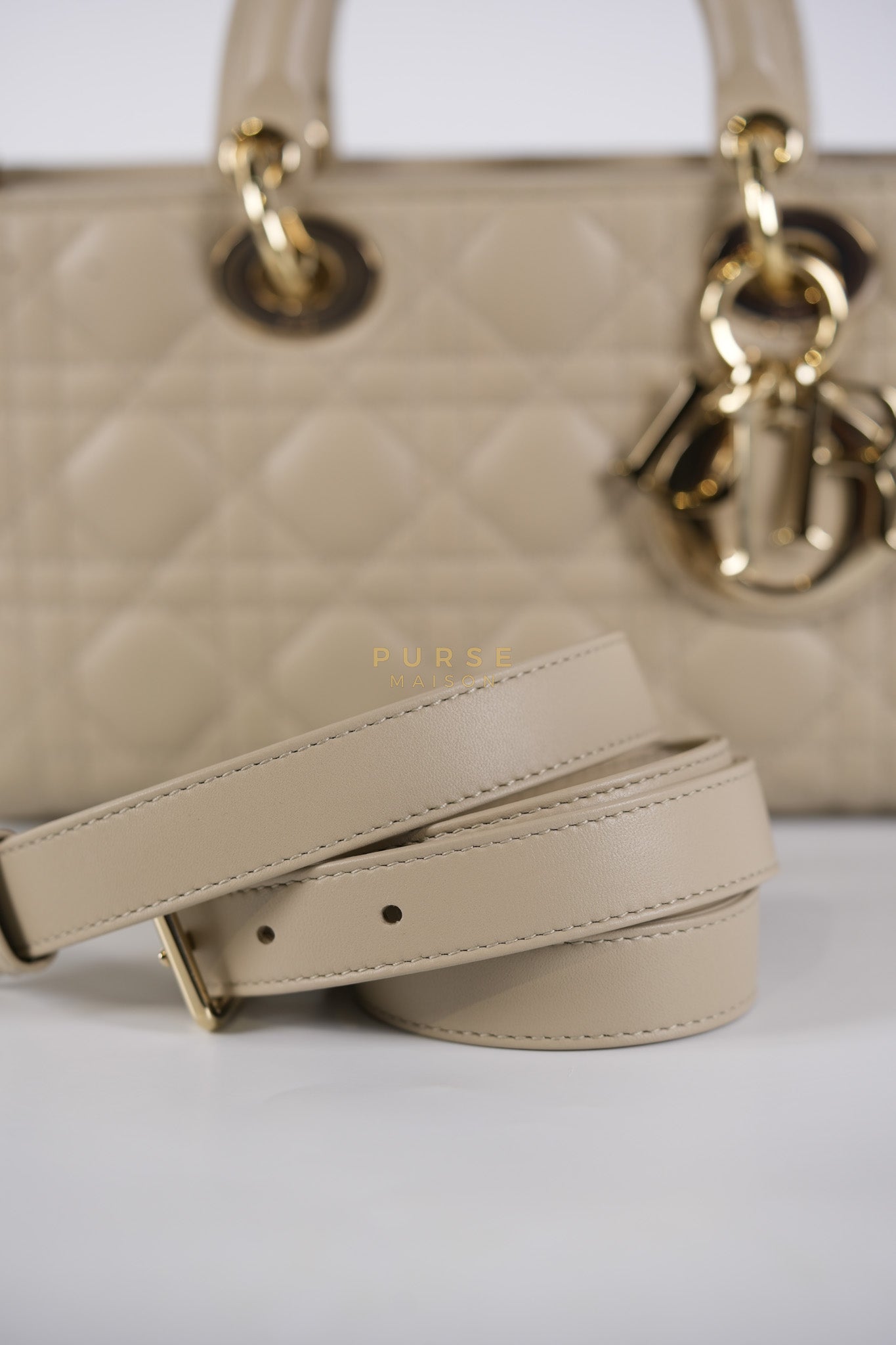 Lady D-Joy Medium Biscuit (Beige) in Lambskin Leather and Light Gold Hardware | Purse Maison Luxury Bags Shop
