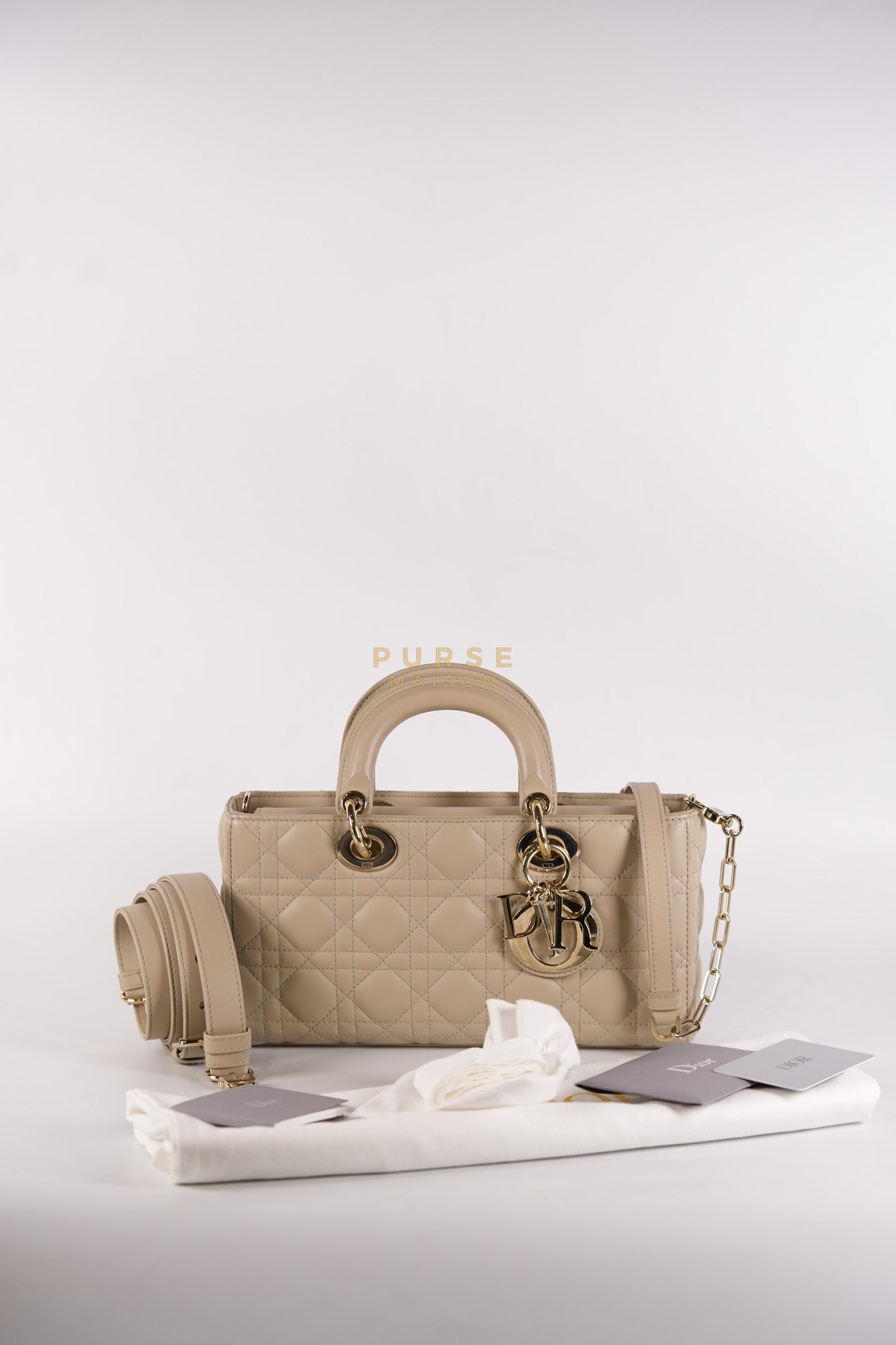 Lady D-Joy Medium Biscuit (Beige) in Lambskin Leather and Light Gold Hardware | Purse Maison Luxury Bags Shop
