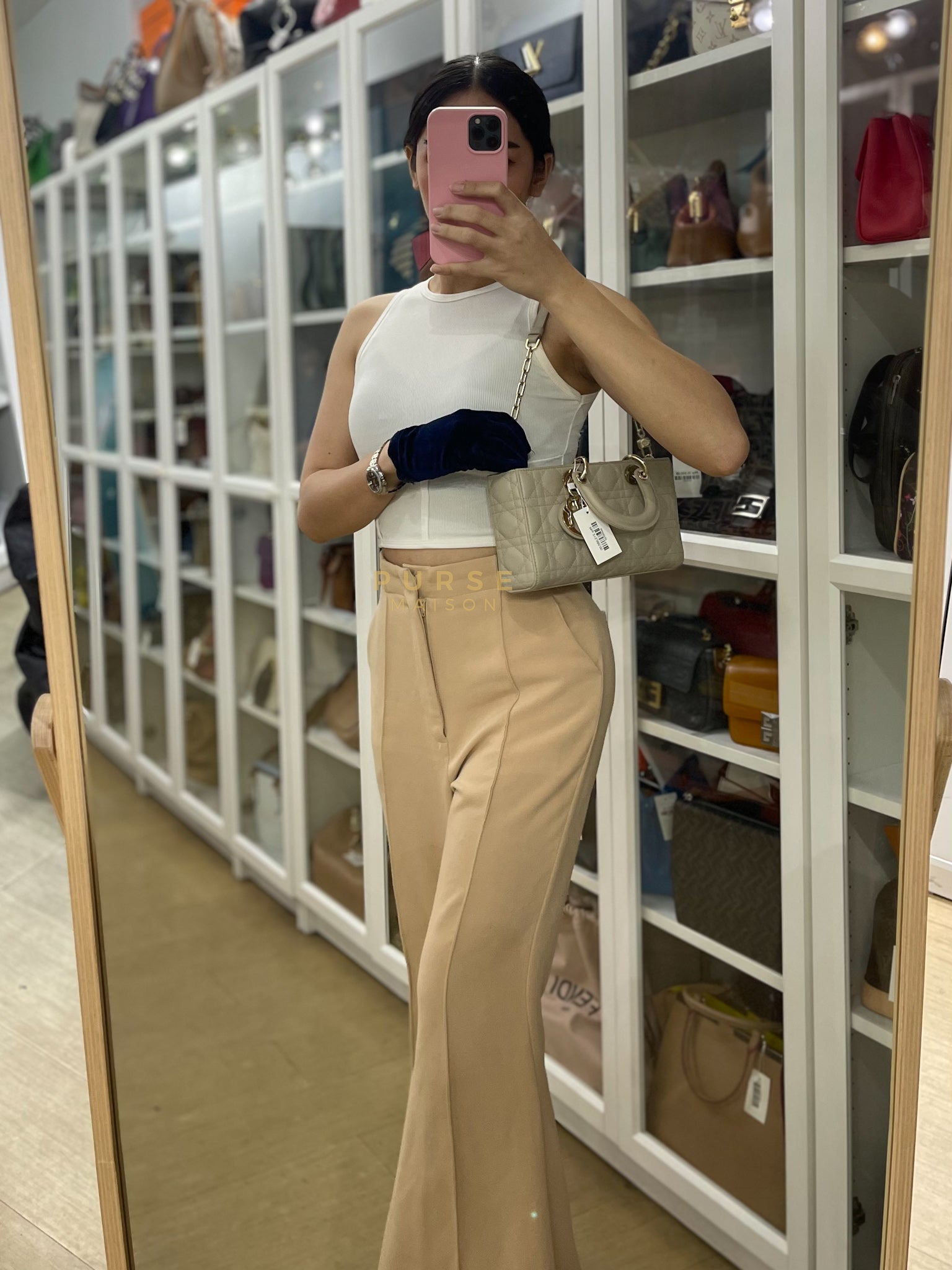 Lady D-Joy Medium Biscuit (Beige) in Lambskin Leather and Light Gold Hardware | Purse Maison Luxury Bags Shop