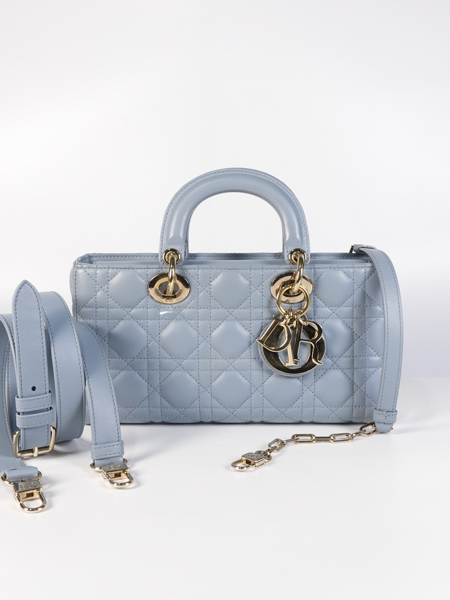 Lady D-Joy Medium Blue Cannage Lambskin Leather in Light Gold Hardware | Purse Maison Luxury Bags Shop