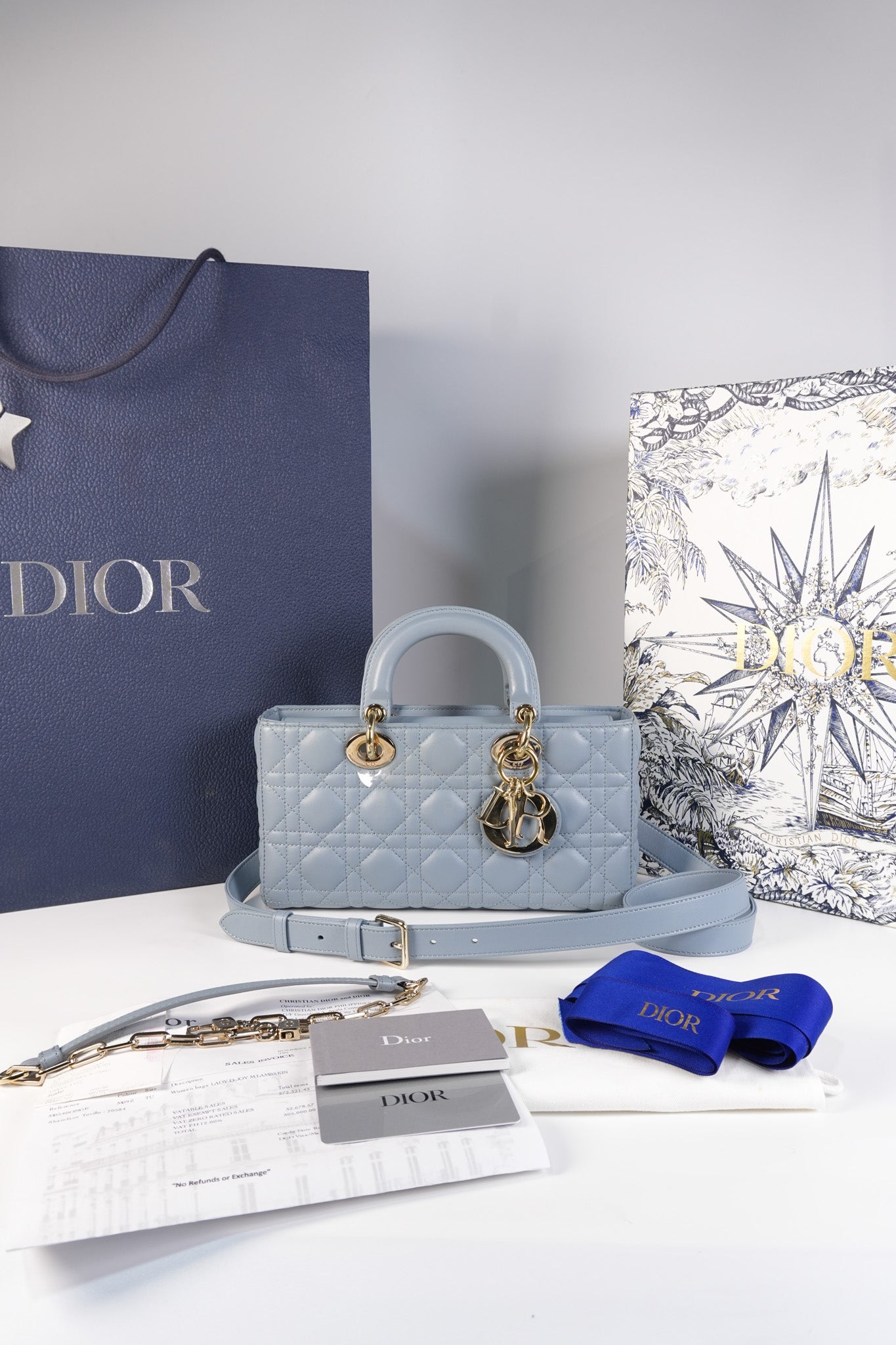 Lady D-Joy Medium Blue Cannage Lambskin Leather in Light Gold Hardware | Purse Maison Luxury Bags Shop