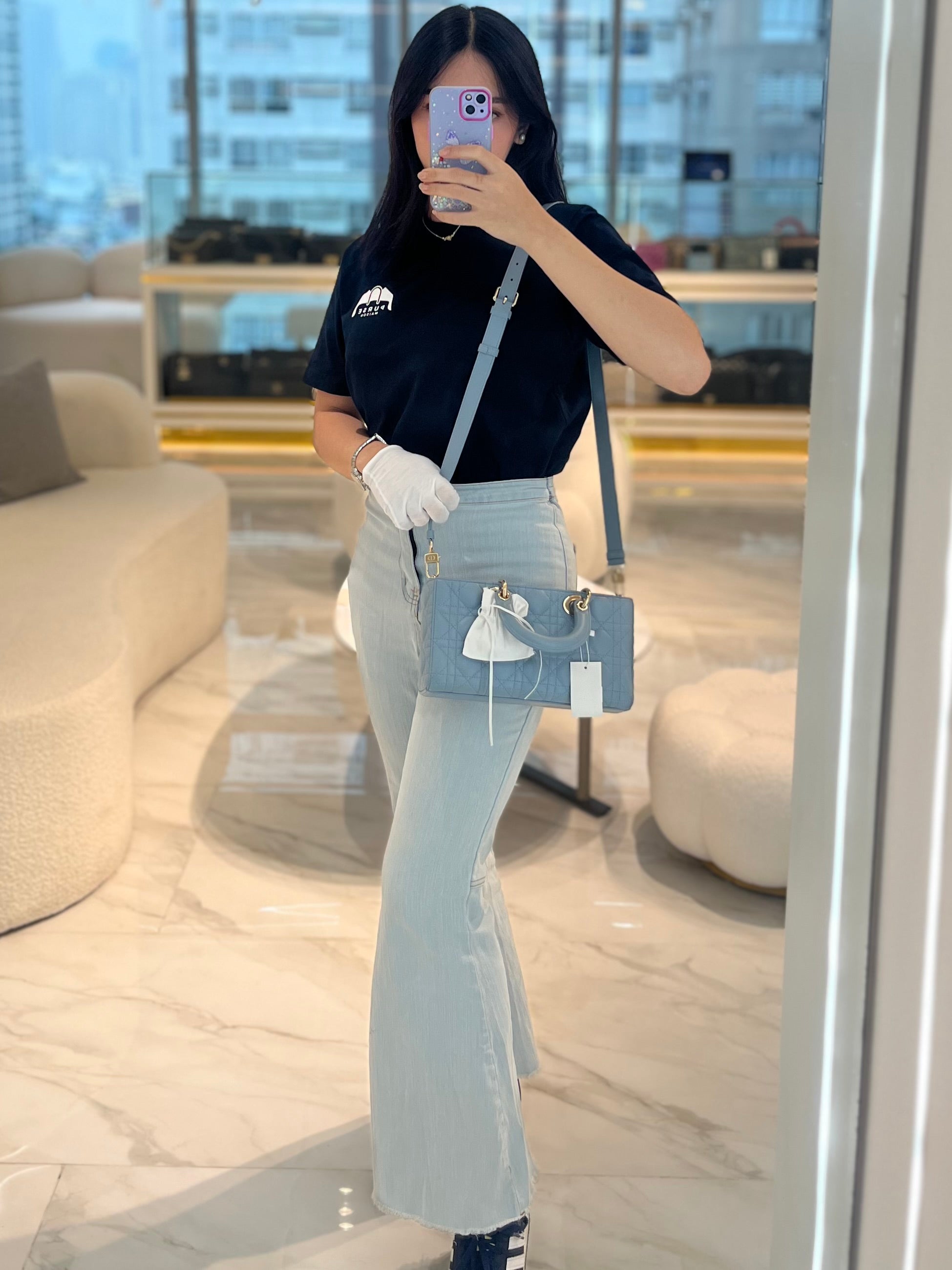 Lady D-Joy Medium Blue Cannage Lambskin Leather in Light Gold Hardware | Purse Maison Luxury Bags Shop