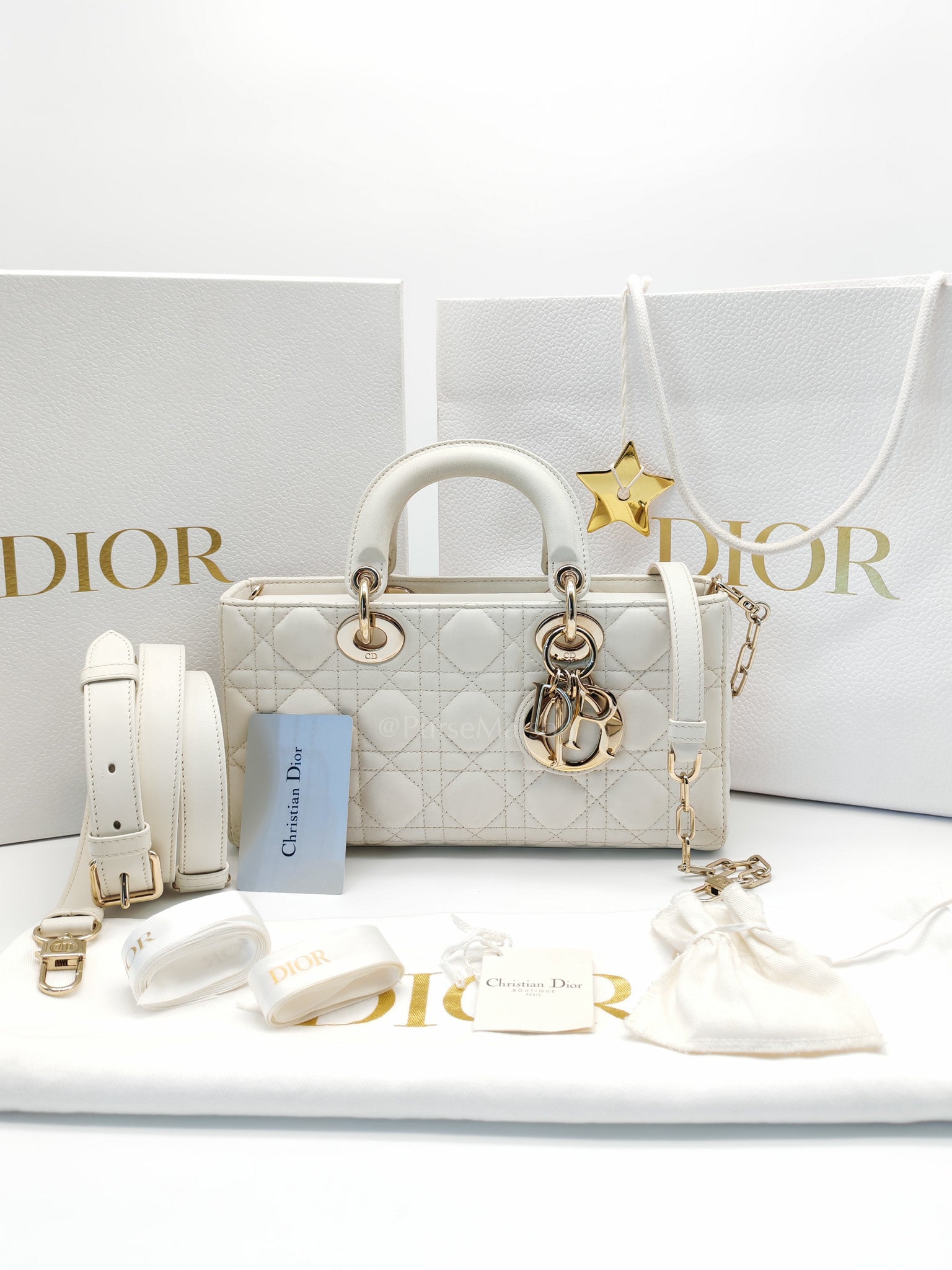 Lady D-Joy Medium Off-White Cannage Lambskin Leather in Light Gold Hardware | Purse Maison Luxury Bags Shop