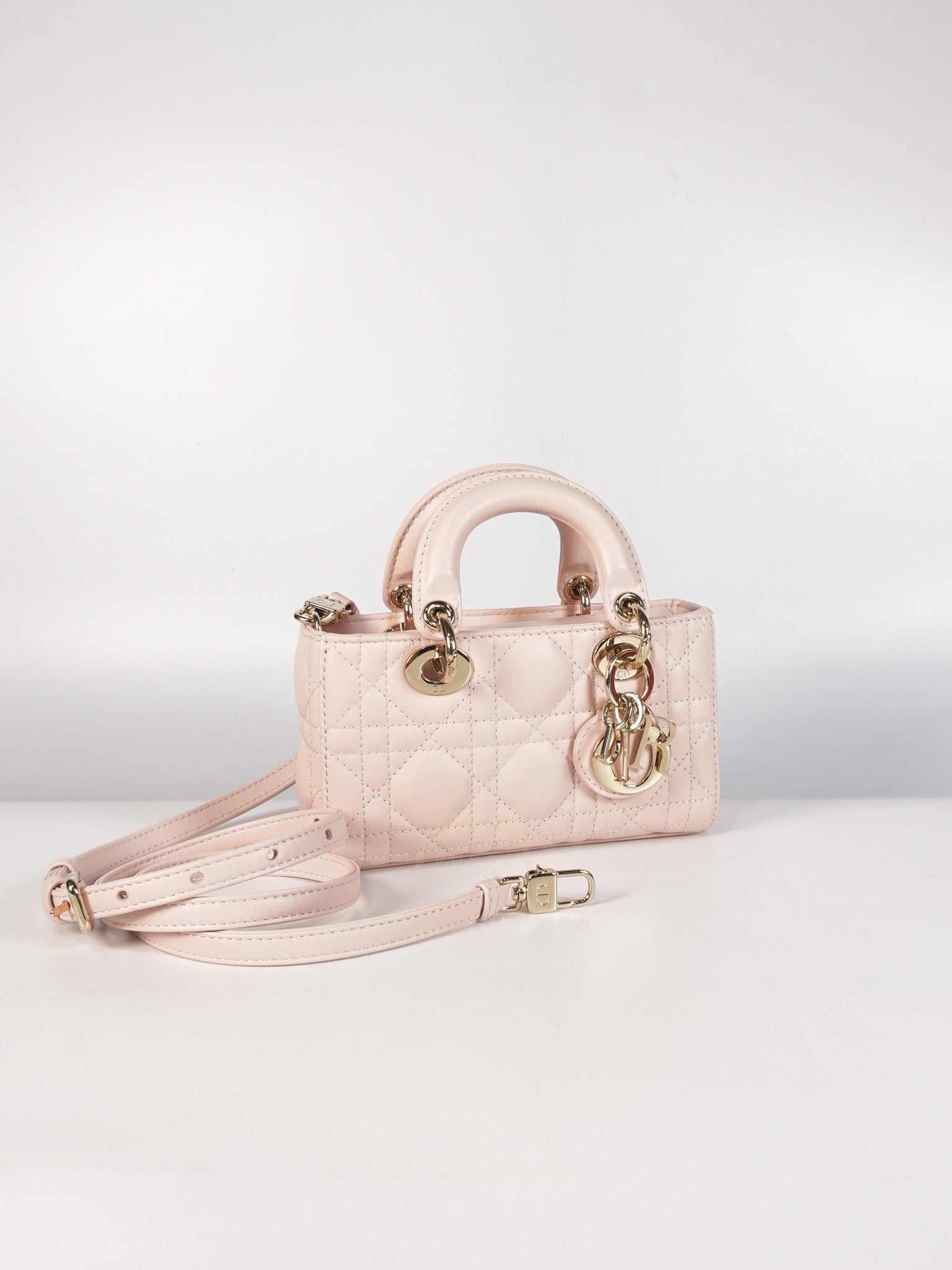 Lady D-joy Micro in Rose Poudre Cannage Lambskin Leather Light Gold hardware | Purse Maison Luxury Bags Shop