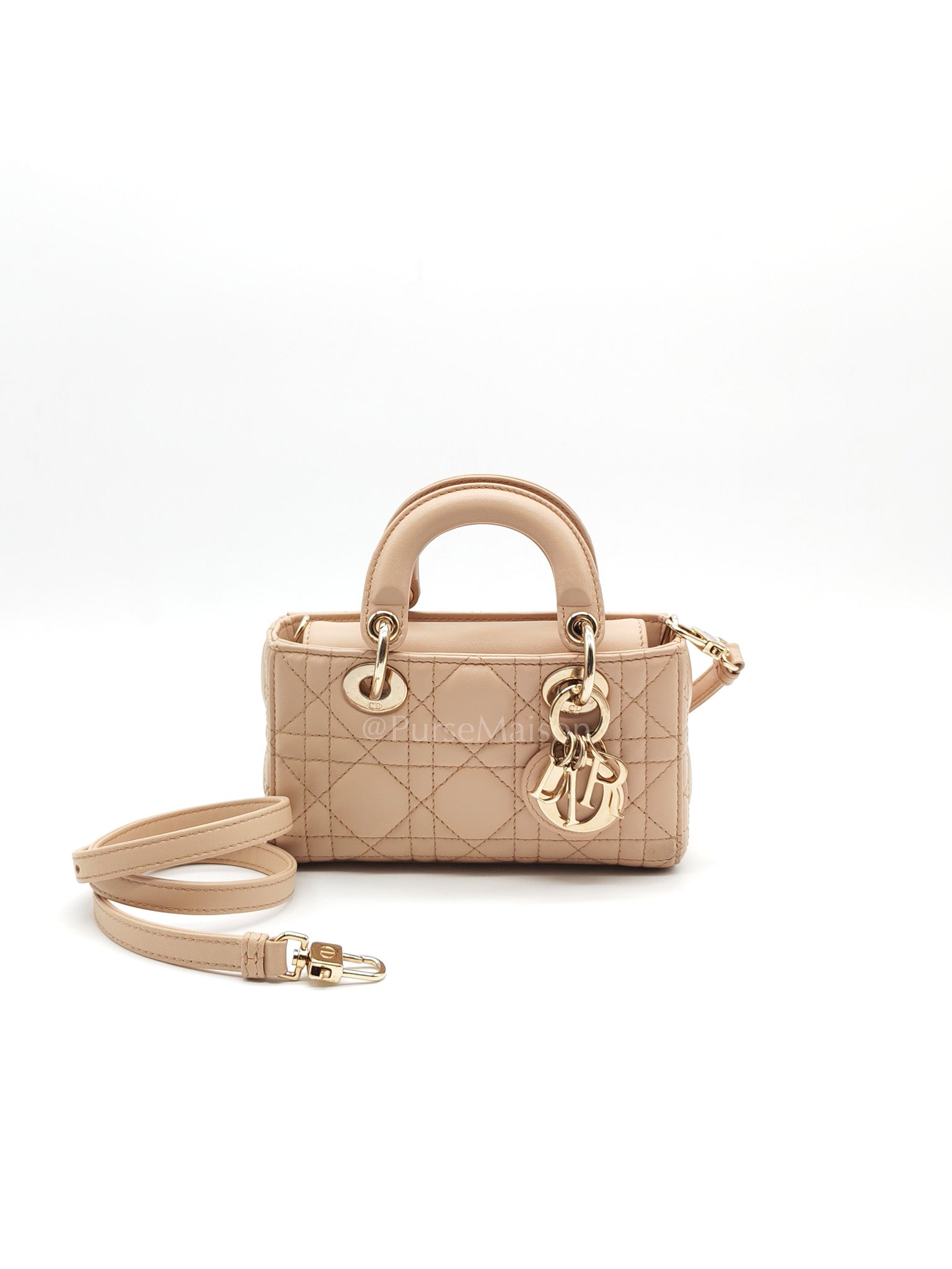 Lady D-Joy Nano in Beige Cannage Lambskin Leather Light Gold Hardware | Purse Maison Luxury Bags Shop