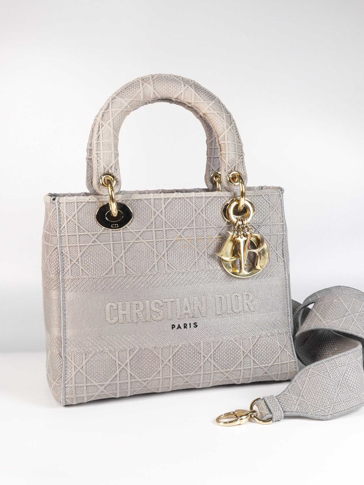 Lady D-Lite in Medium Gray Canvas and Light Gold Hardware | Purse Maison Luxury Bags Shop