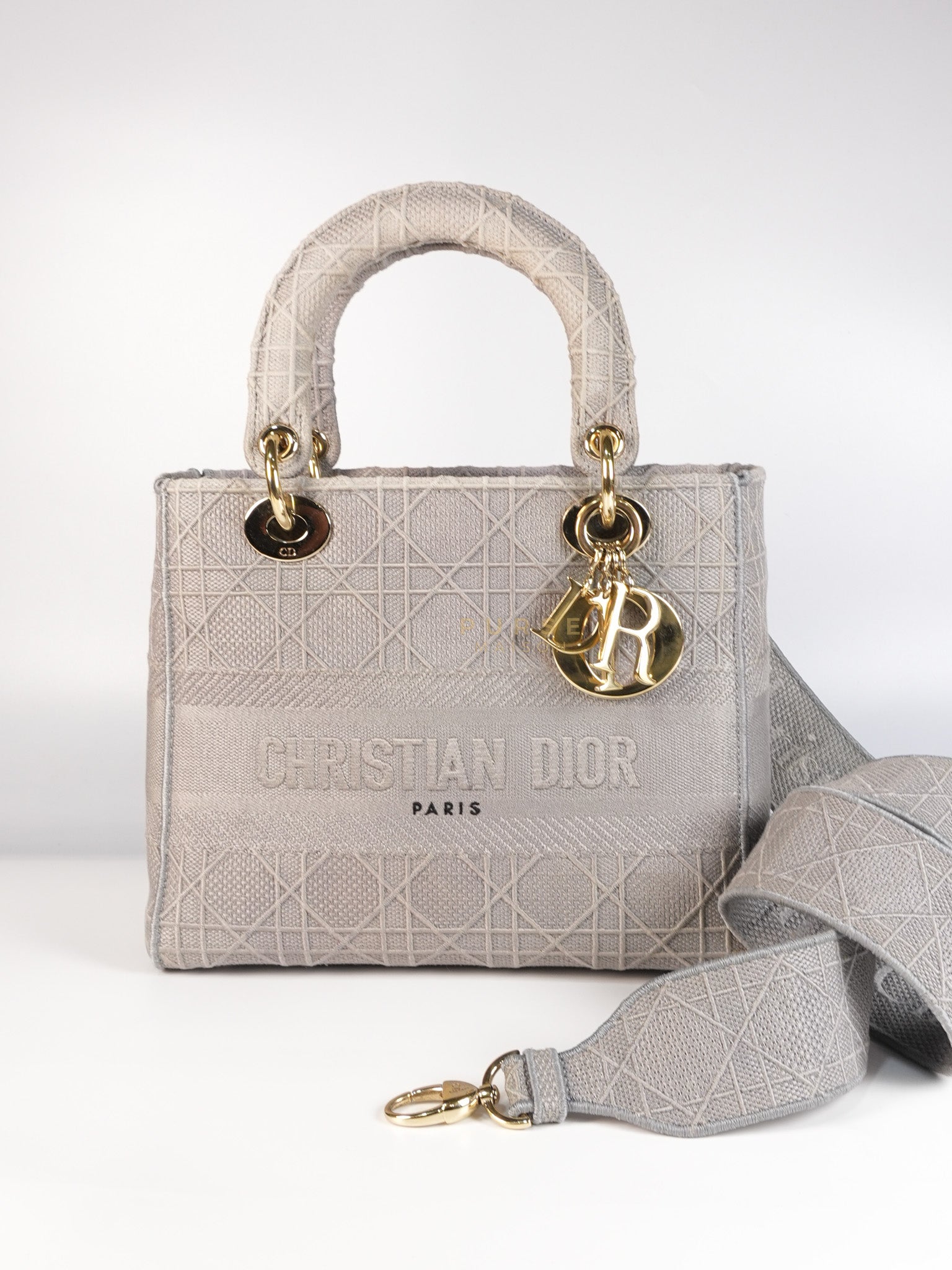 Lady D-Lite in Medium Gray Canvas and Light Gold Hardware | Purse Maison Luxury Bags Shop