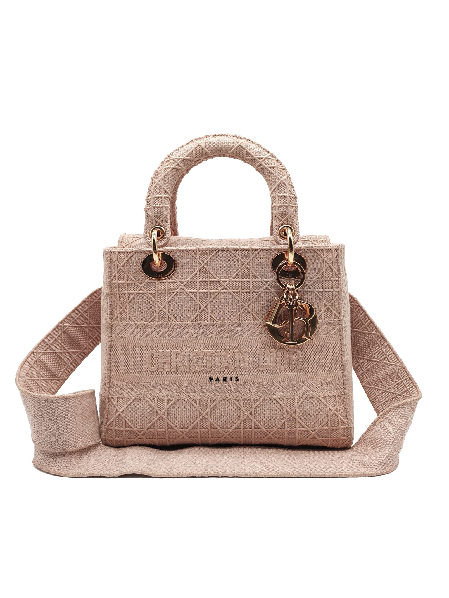 Lady D-Lite Medium in Blush Rose Canvas and Rose Gold Hardware Shoulder Bag | Purse Maison Luxury Bags Shop