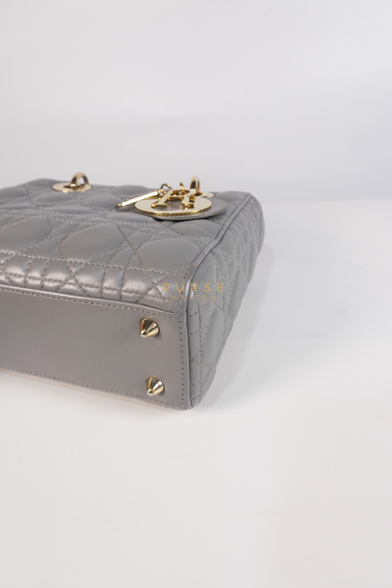 Lady Dior ABC Small in Gray Quilted Cannage Lambskin Leather & Gold Hardware | Purse Maison Luxury Bags Shop