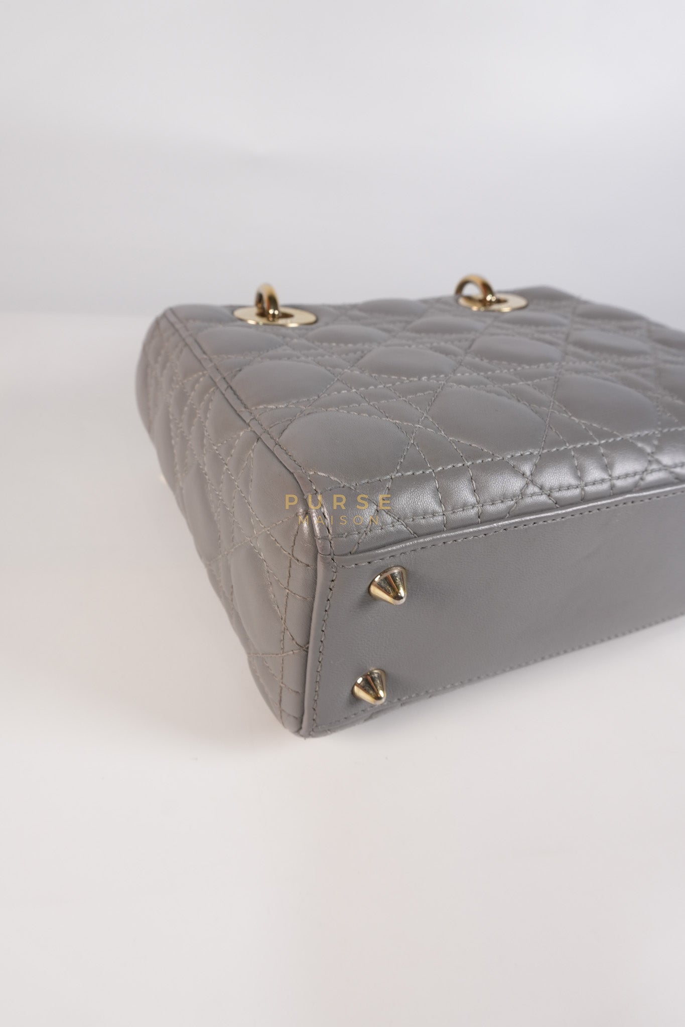 Lady Dior ABC Small in Gray Quilted Cannage Lambskin Leather & Gold Hardware | Purse Maison Luxury Bags Shop