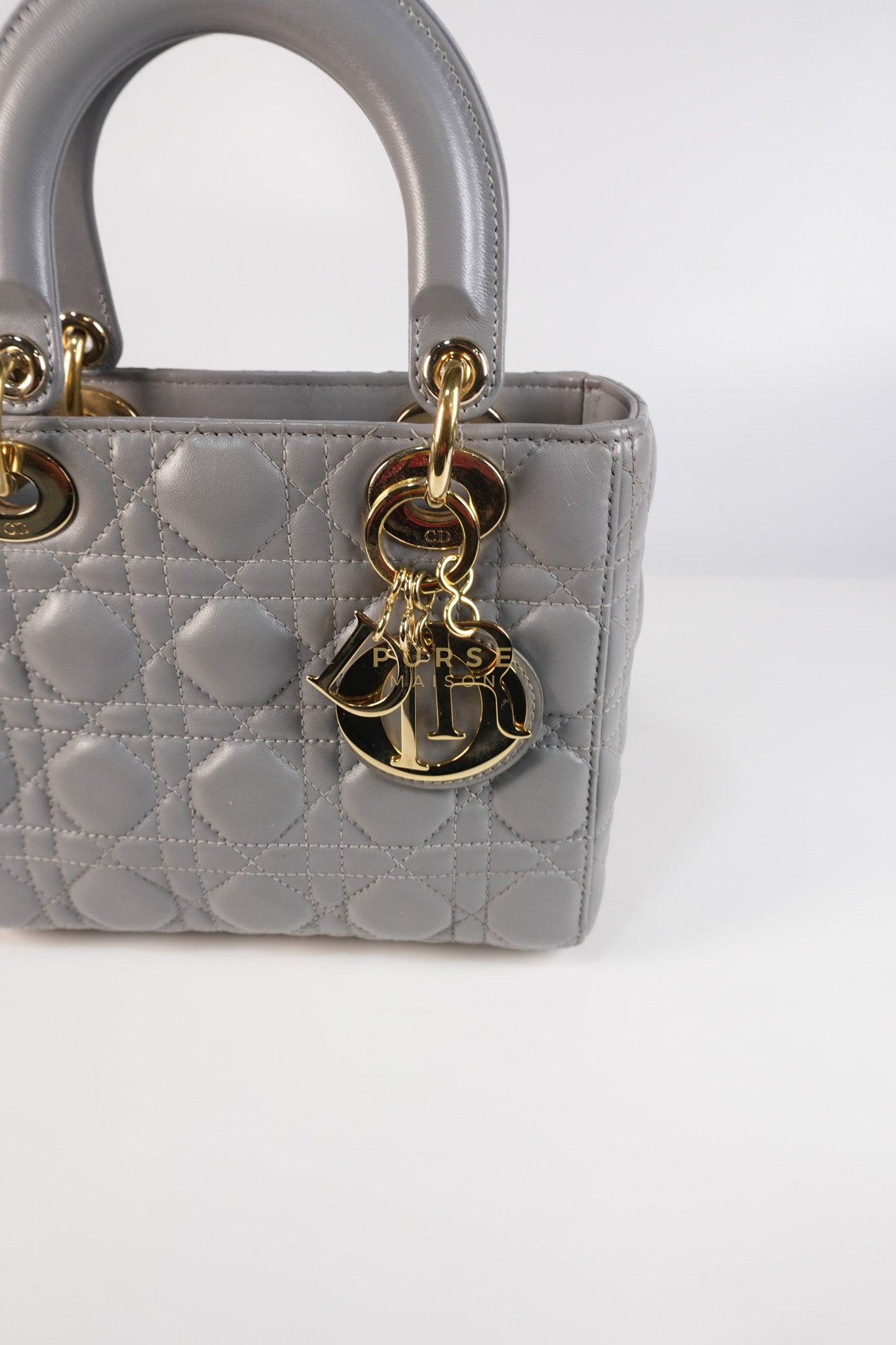 Lady Dior ABC Small in Gray Quilted Cannage Lambskin Leather & Gold Hardware | Purse Maison Luxury Bags Shop