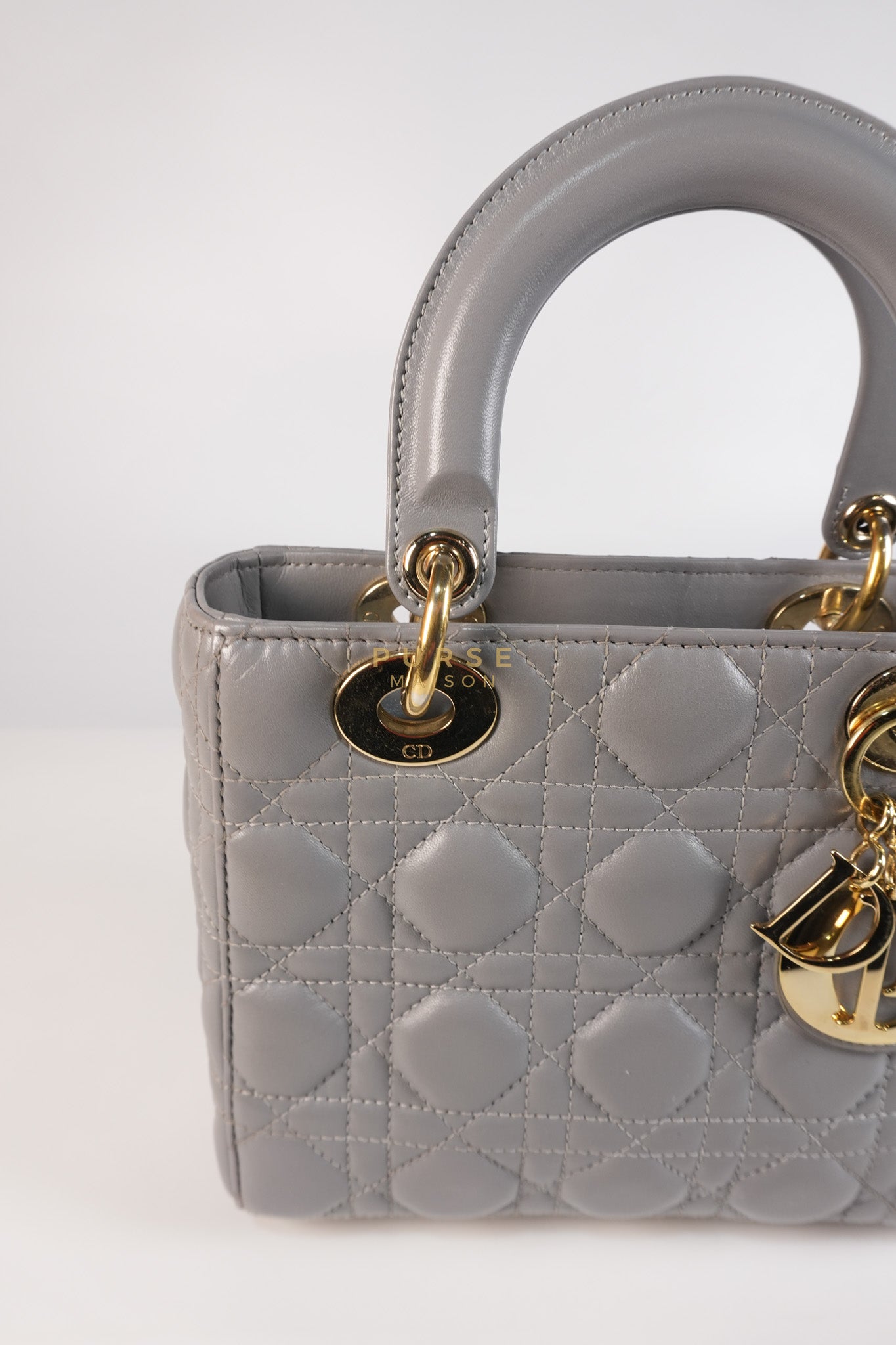 Lady Dior ABC Small in Gray Quilted Cannage Lambskin Leather & Gold Hardware | Purse Maison Luxury Bags Shop