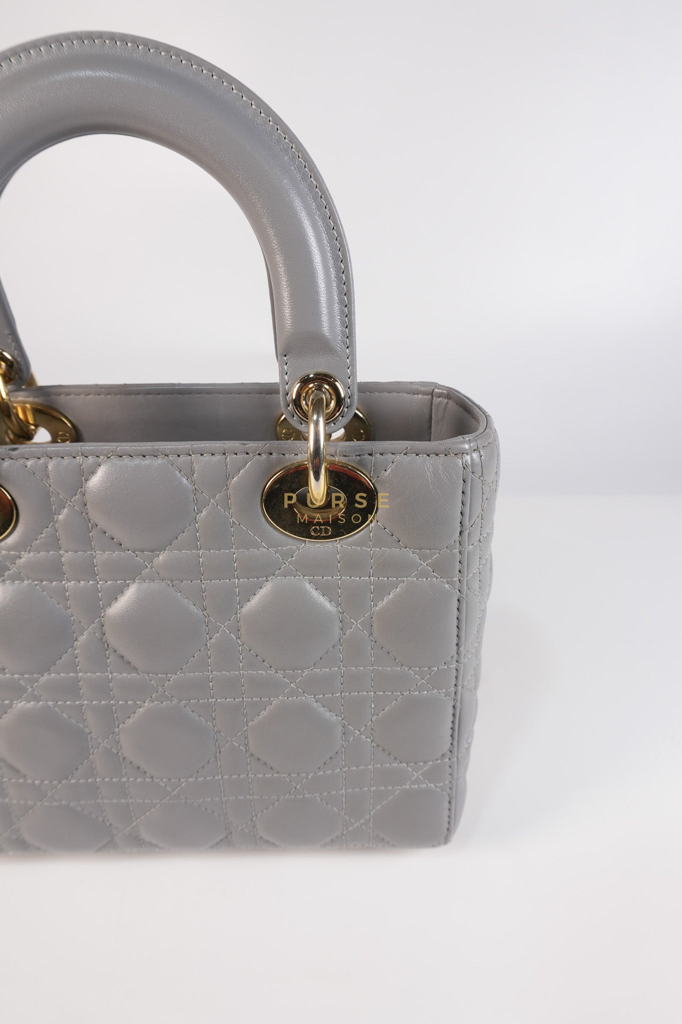 Lady Dior ABC Small in Gray Quilted Cannage Lambskin Leather & Gold Hardware | Purse Maison Luxury Bags Shop