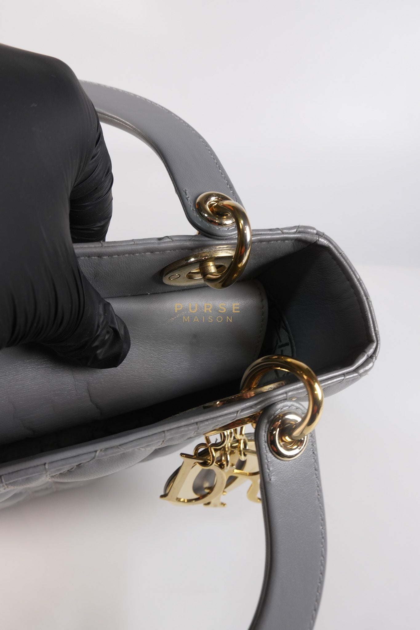 Lady Dior ABC Small in Gray Quilted Cannage Lambskin Leather & Gold Hardware | Purse Maison Luxury Bags Shop