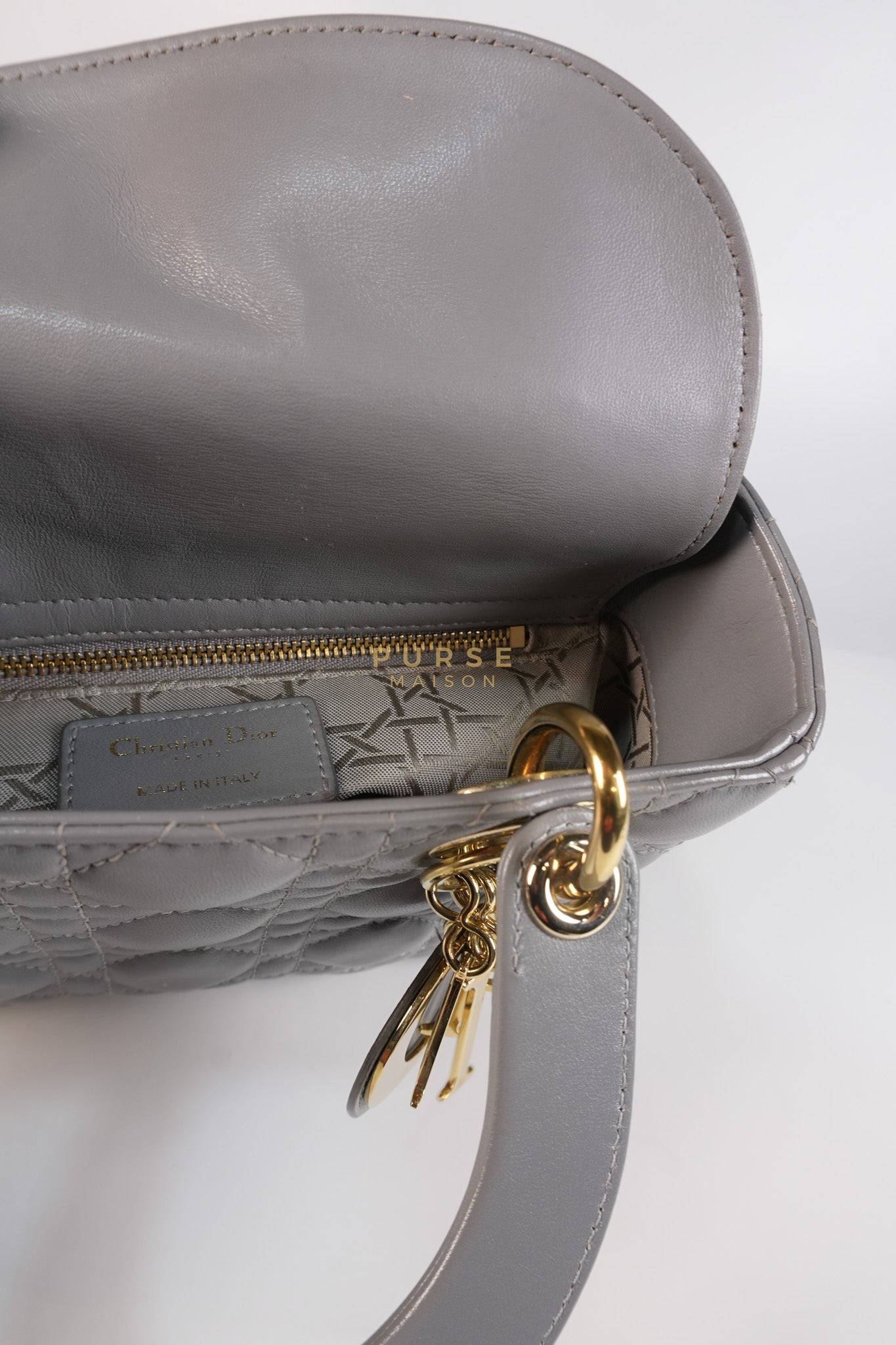 Lady Dior ABC Small in Gray Quilted Cannage Lambskin Leather & Gold Hardware | Purse Maison Luxury Bags Shop