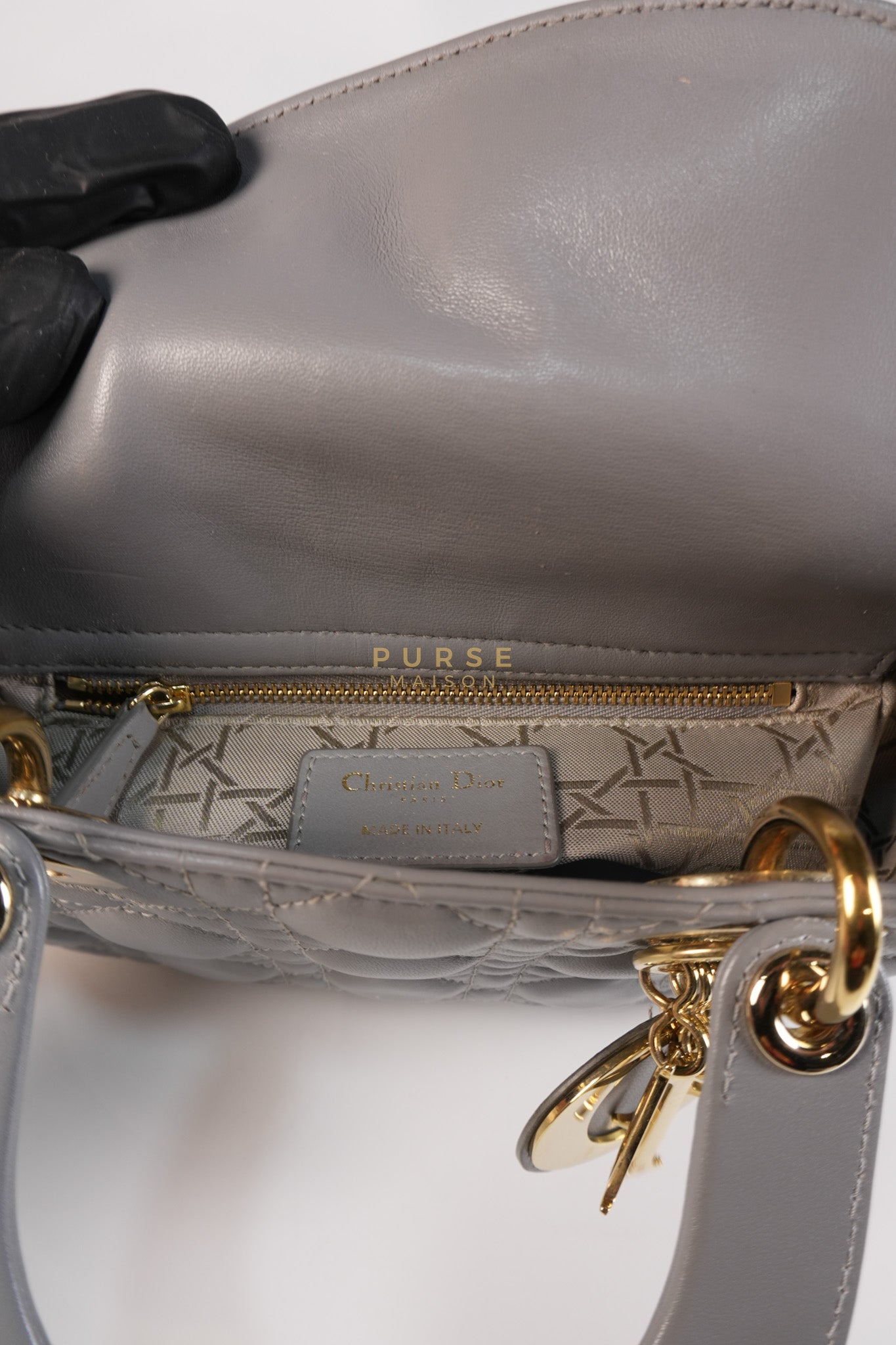 Lady Dior ABC Small in Gray Quilted Cannage Lambskin Leather & Gold Hardware | Purse Maison Luxury Bags Shop