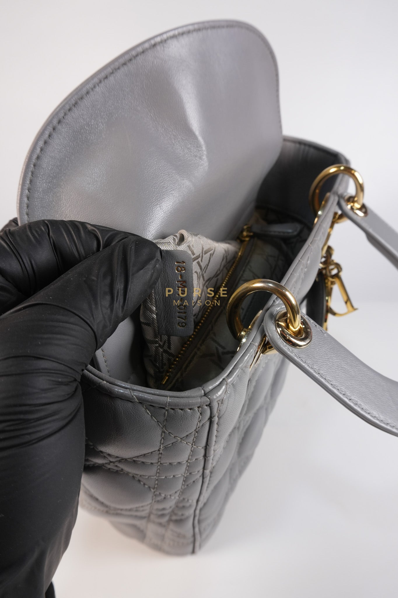 Lady Dior ABC Small in Gray Quilted Cannage Lambskin Leather & Gold Hardware | Purse Maison Luxury Bags Shop