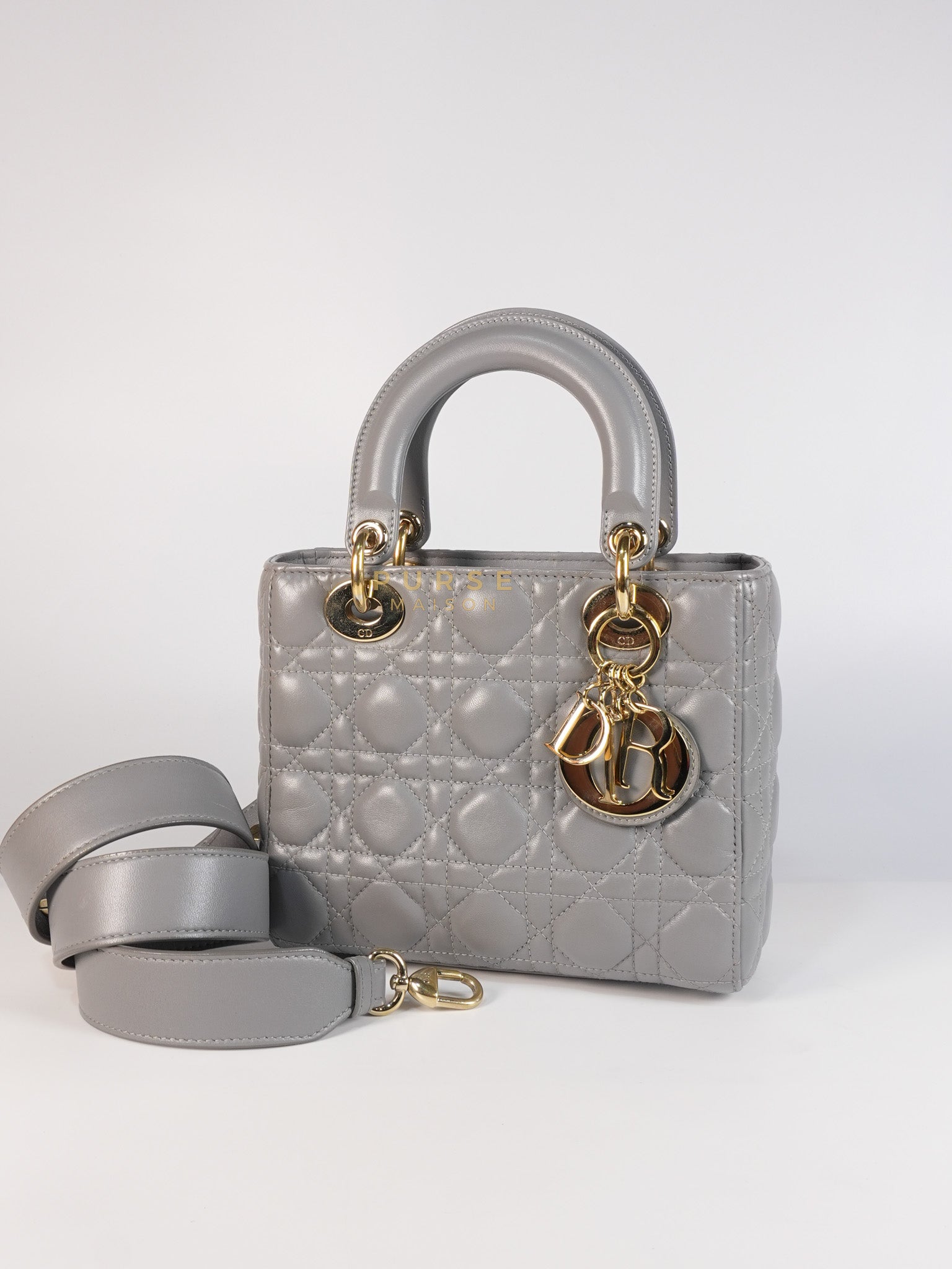 Lady Dior ABC Small in Gray Quilted Cannage Lambskin Leather & Gold Hardware | Purse Maison Luxury Bags Shop