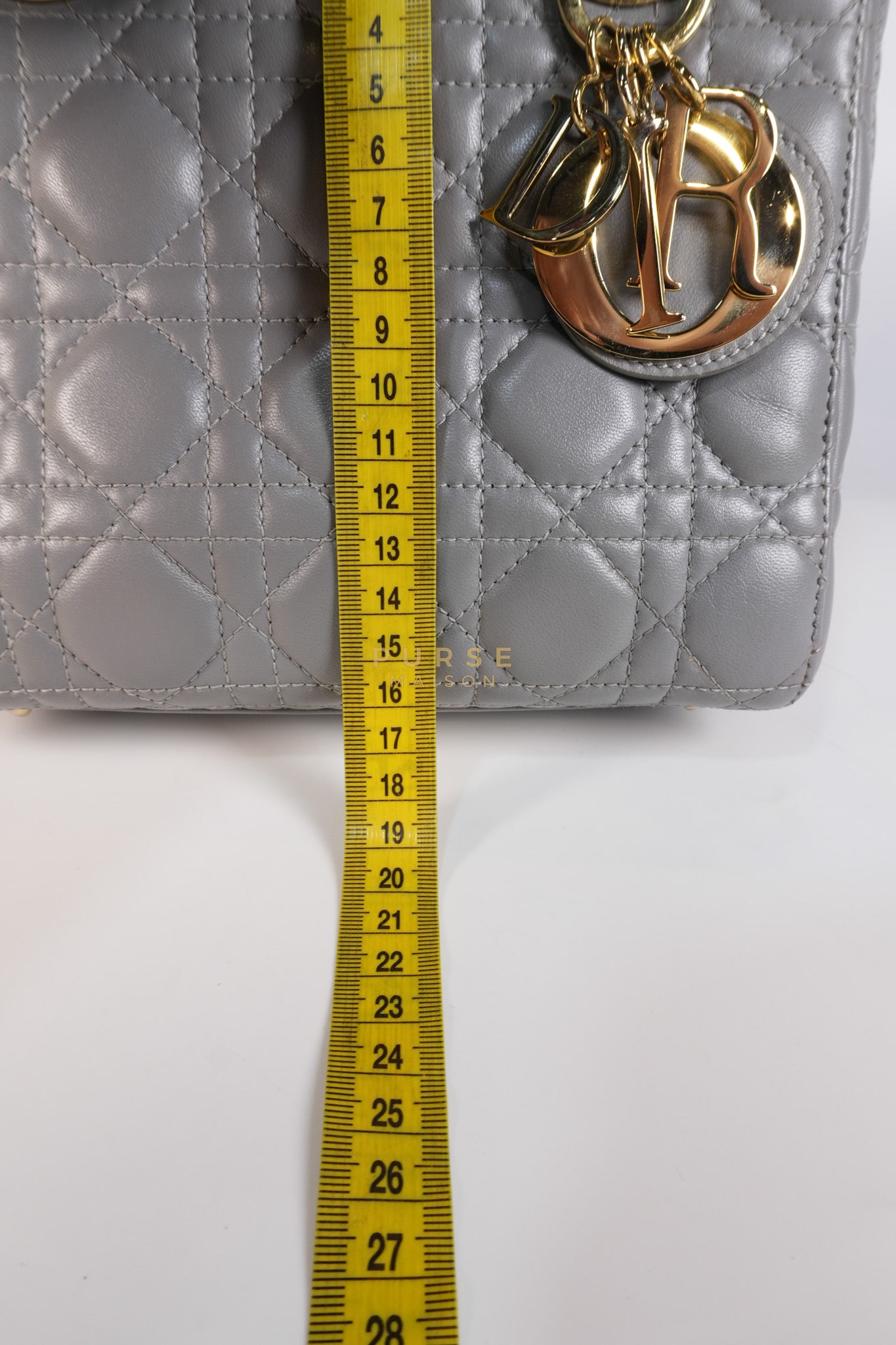 Lady Dior ABC Small in Gray Quilted Cannage Lambskin Leather & Gold Hardware | Purse Maison Luxury Bags Shop