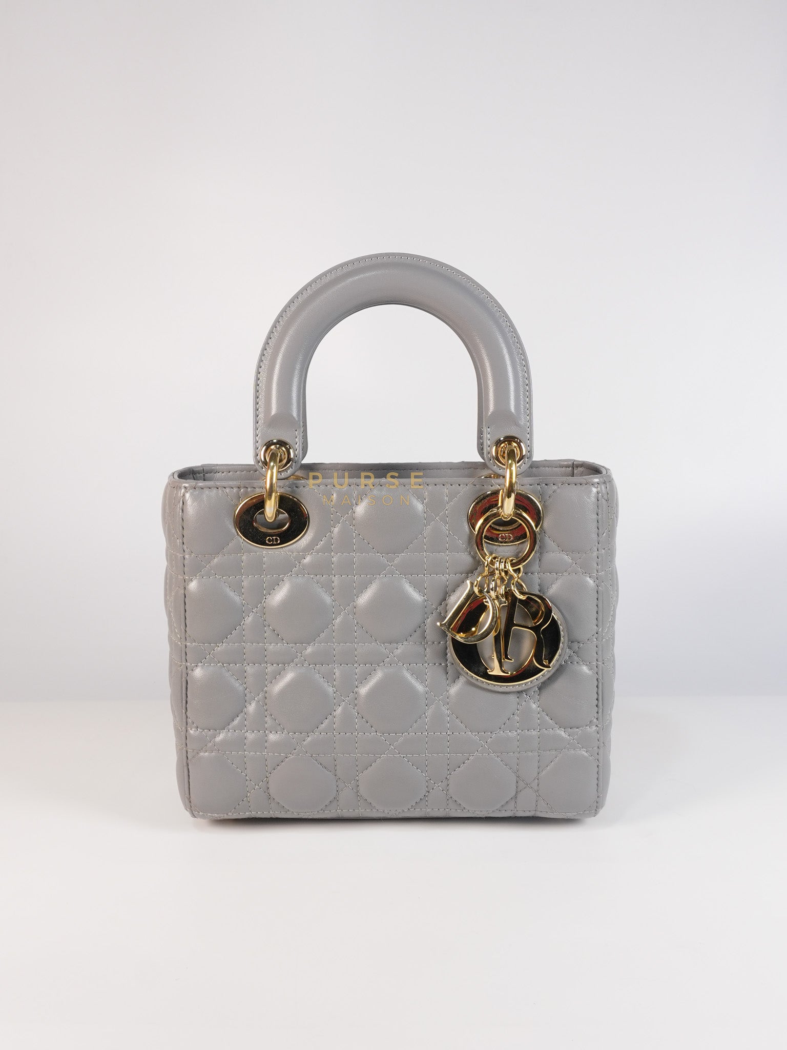 Lady Dior ABC Small in Gray Quilted Cannage Lambskin Leather & Gold Hardware | Purse Maison Luxury Bags Shop