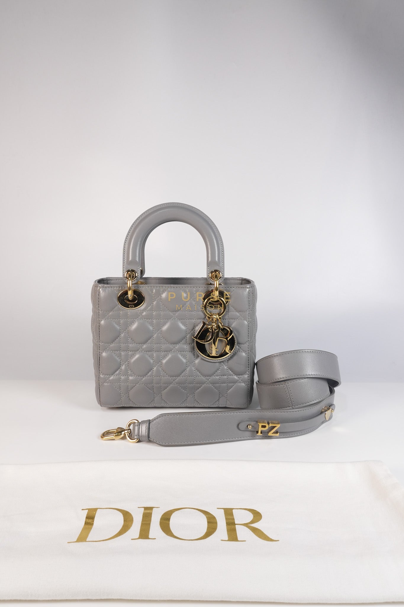 Lady Dior ABC Small in Gray Quilted Cannage Lambskin Leather & Gold Hardware | Purse Maison Luxury Bags Shop