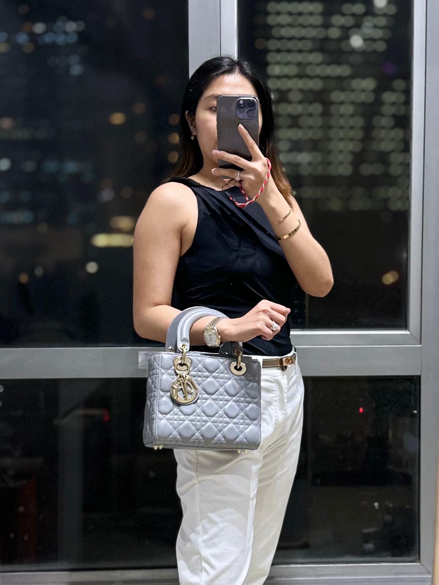 Christian Dior Lady Dior Gray Small Light Gold hardware Lambskin | Purse Maison Luxury Bags Shop