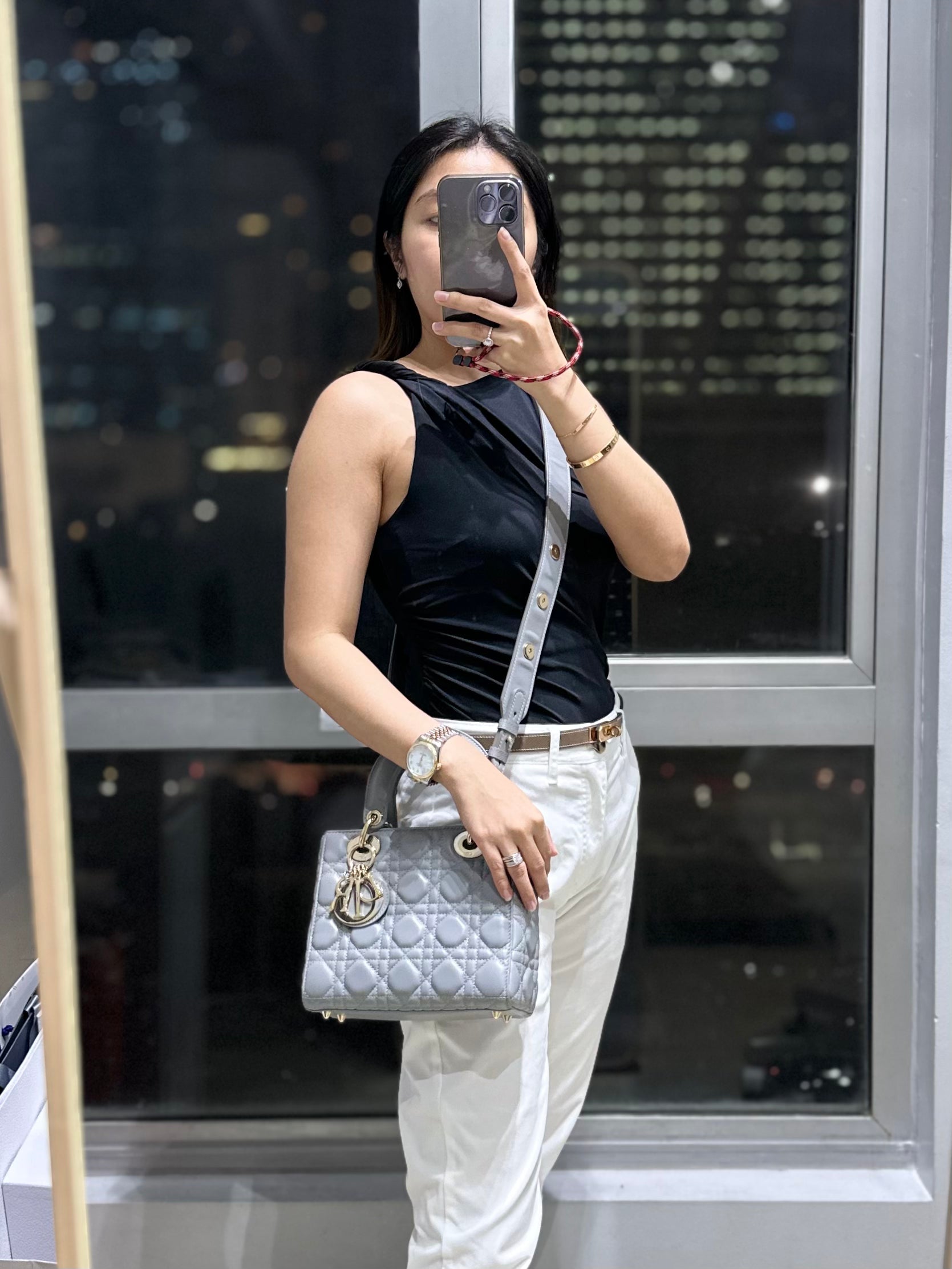 Christian Dior Lady Dior Gray Small Light Gold hardware Lambskin | Purse Maison Luxury Bags Shop