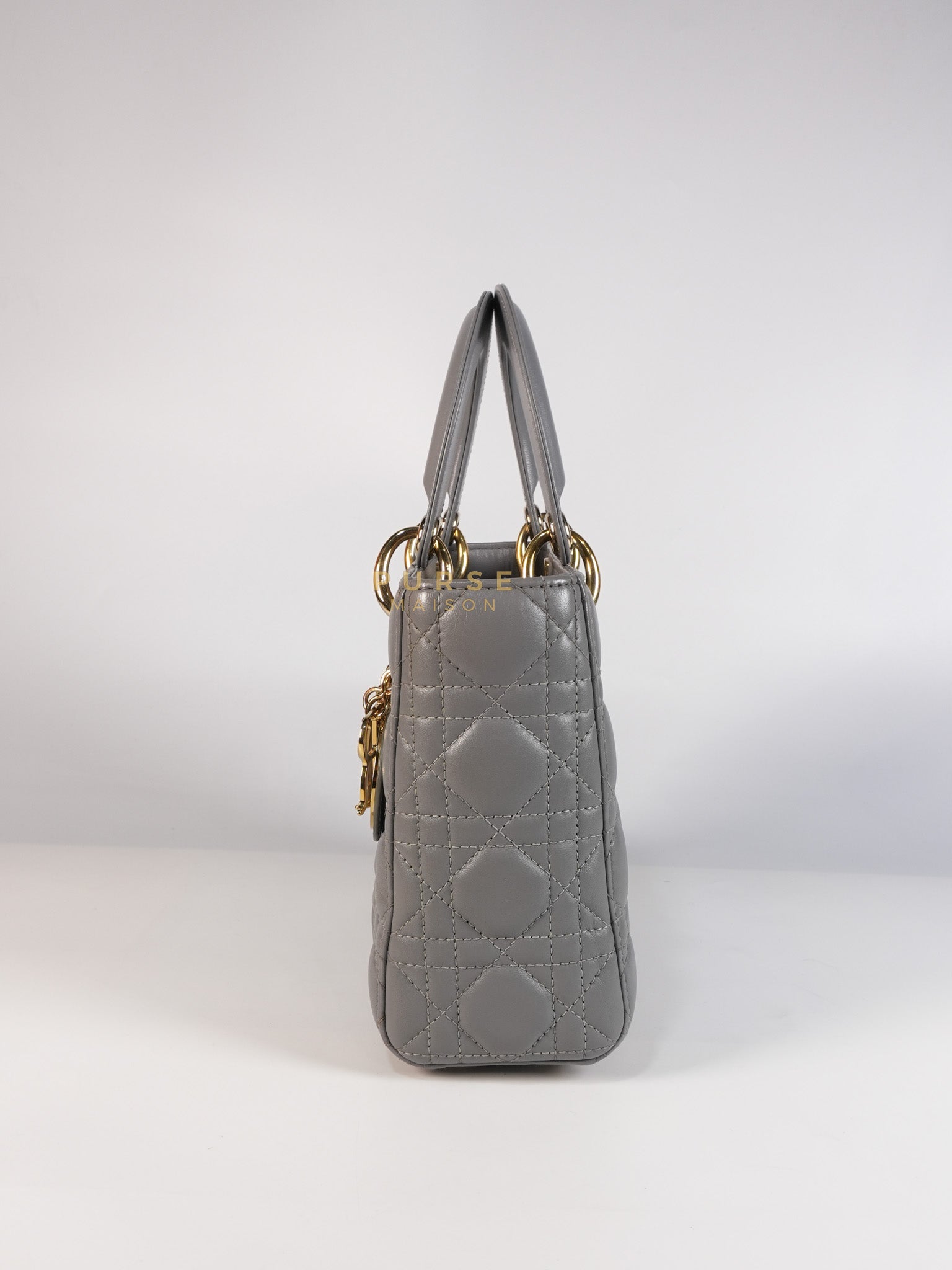 Lady Dior ABC Small in Gray Quilted Cannage Lambskin Leather & Gold Hardware | Purse Maison Luxury Bags Shop