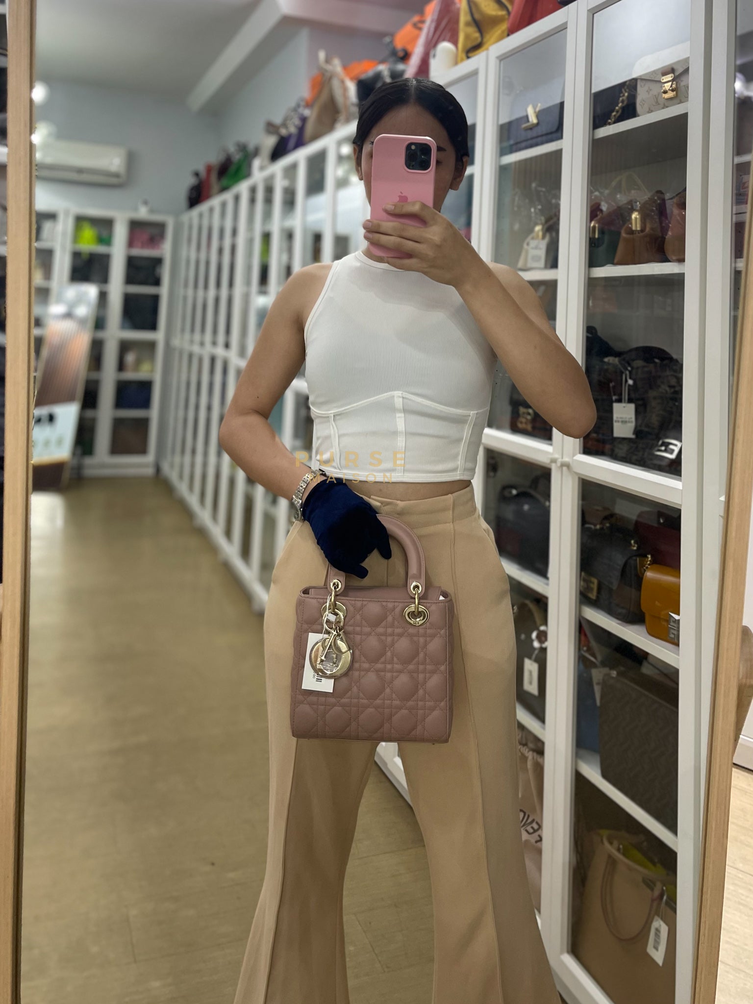 Lady Dior ABCDior Small in Blush Pink Cannage Lambskin Leather Light Gold Hardware | Purse Maison Luxury Bags Shop