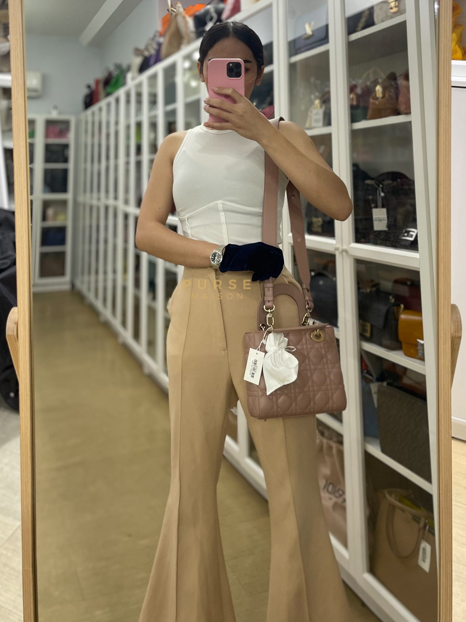 Lady Dior ABCDior Small in Blush Pink Cannage Lambskin Leather Light Gold Hardware | Purse Maison Luxury Bags Shop