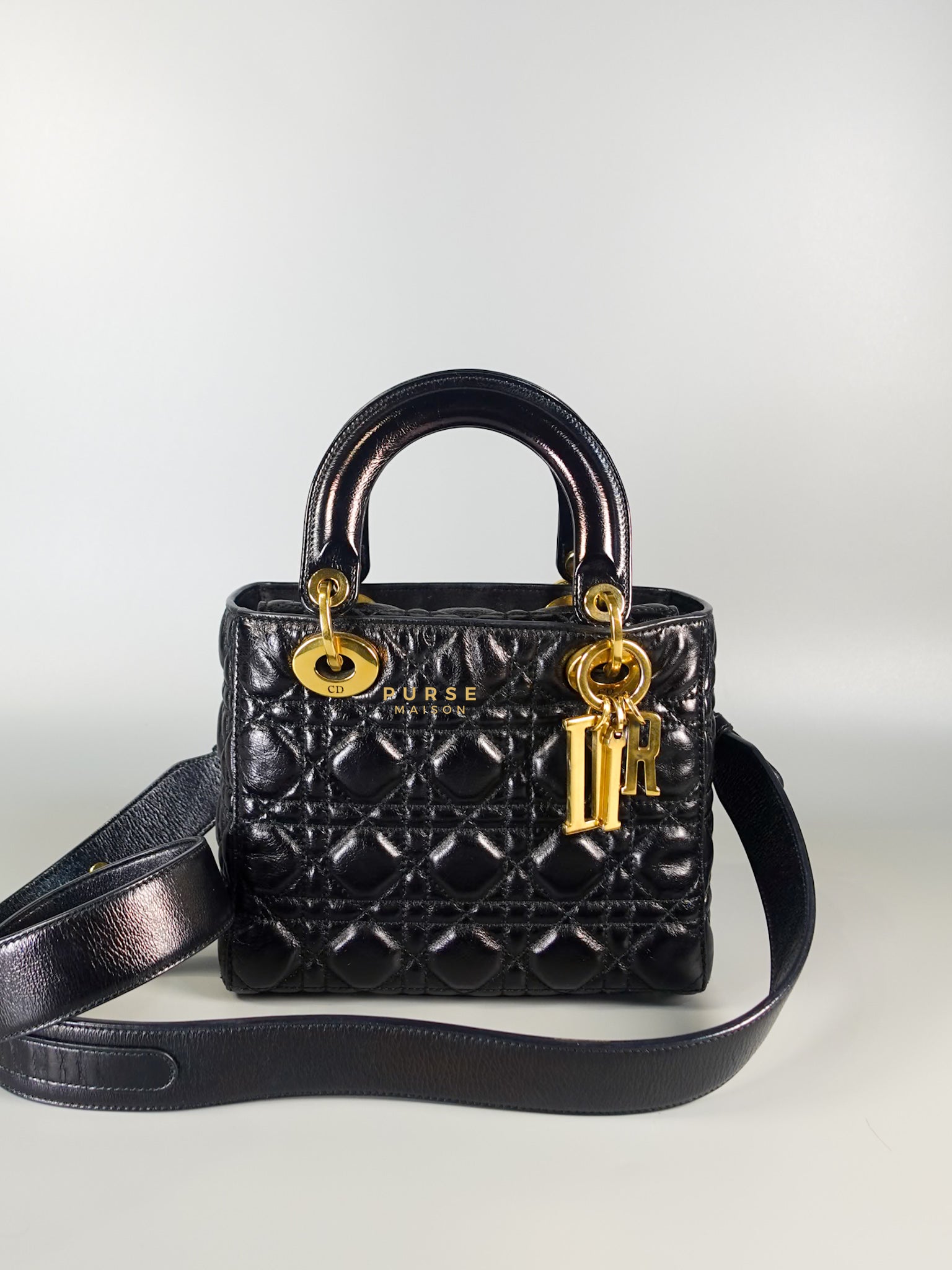 Lady Dior Black Small in Calf Leather Aged Gold Hardware | Purse Maison Luxury Bags Shop