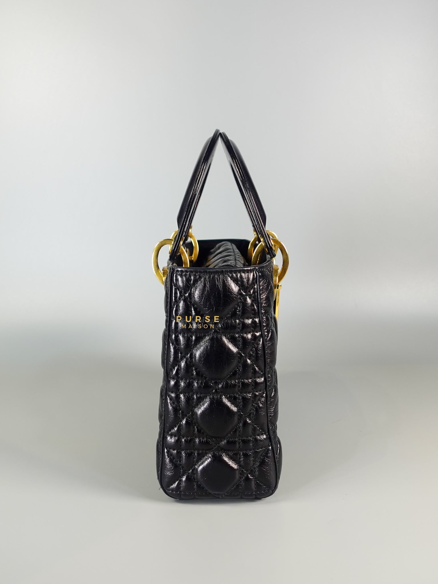 Lady Dior Black Small in Calf Leather Aged Gold Hardware | Purse Maison Luxury Bags Shop