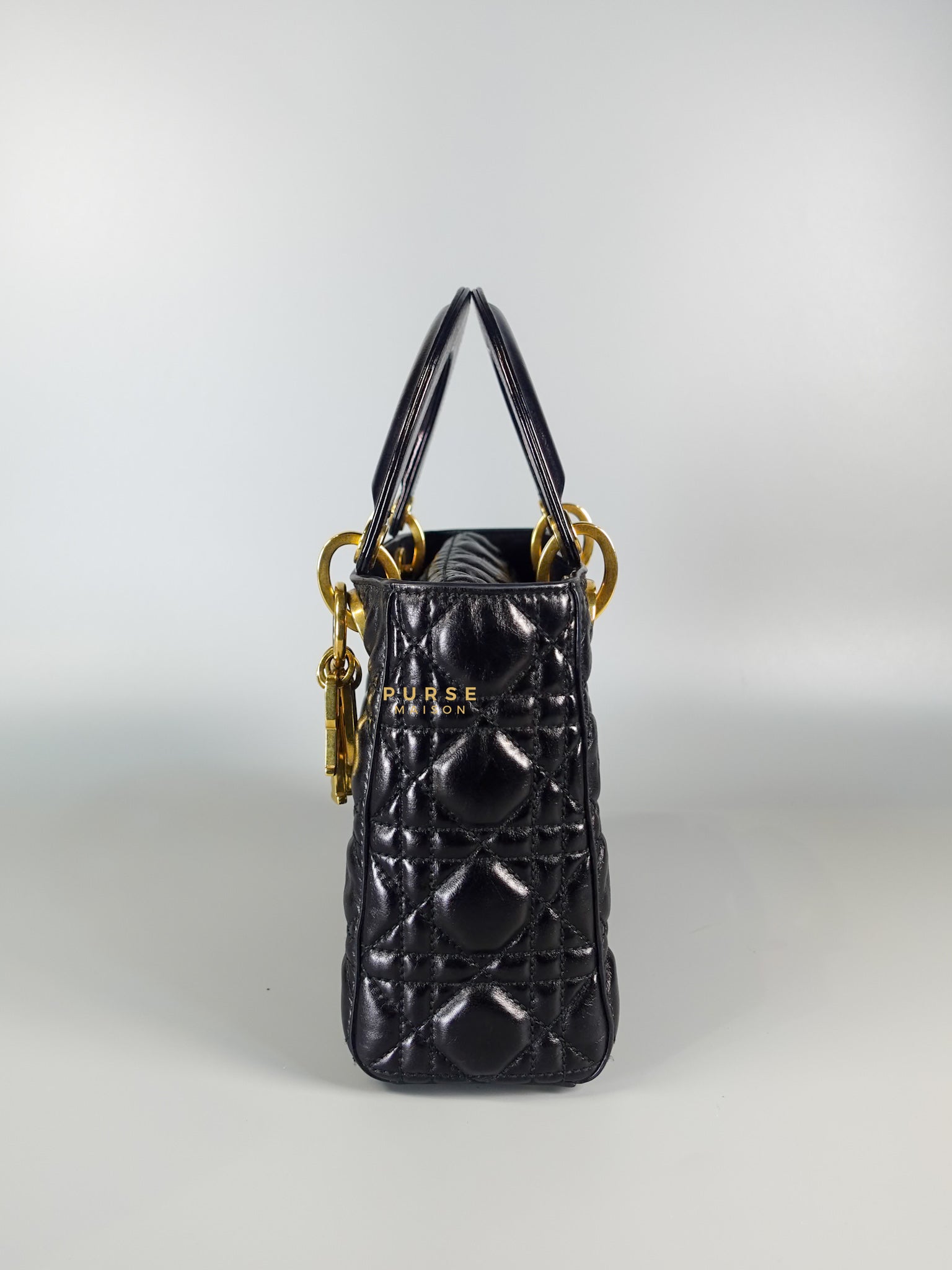 Lady Dior Black Small in Calf Leather Aged Gold Hardware | Purse Maison Luxury Bags Shop