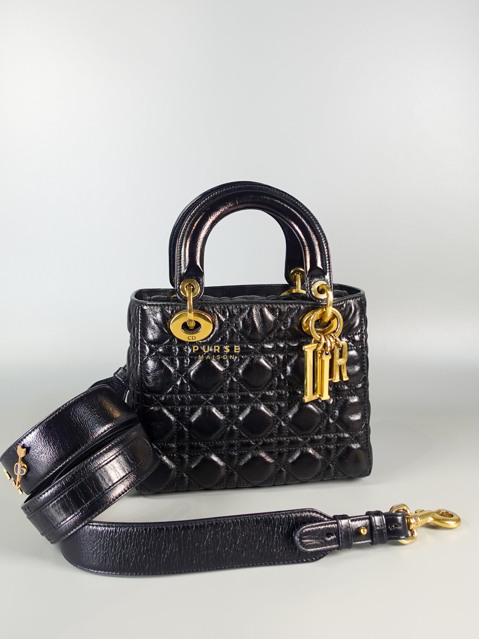 Lady Dior Black Small in Calf Leather Aged Gold Hardware | Purse Maison Luxury Bags Shop