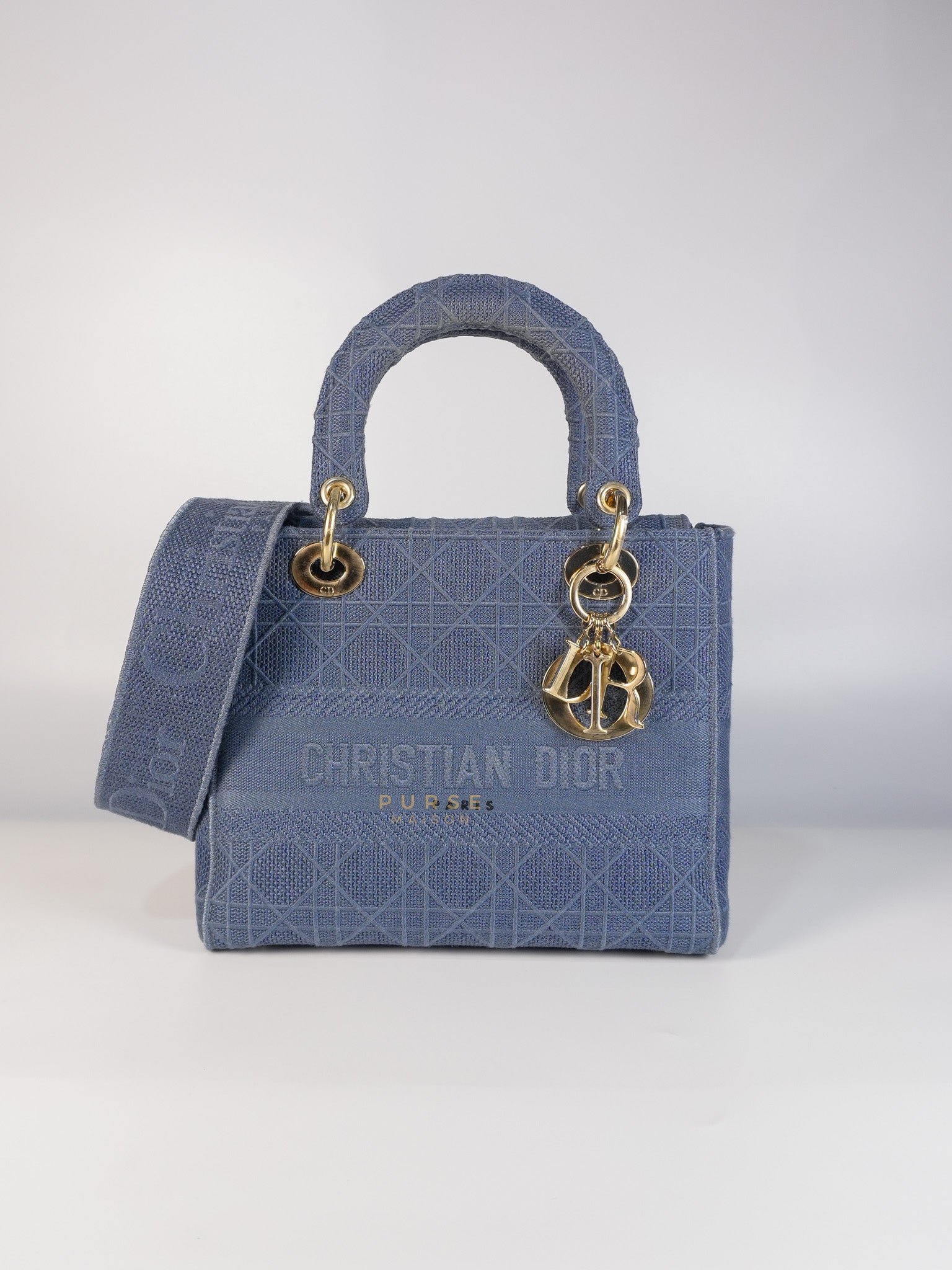 Lady Dior D-Lite Blue Medium Embroidered Cannage Quilt Canvas | Purse Maison Luxury Bags Shop