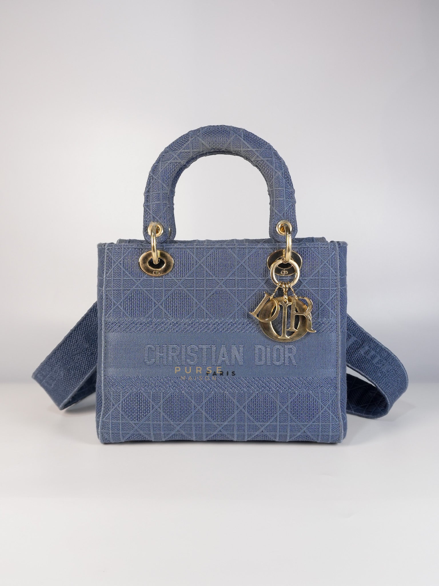Lady Dior D-Lite Blue Medium Embroidered Cannage Quilt Canvas | Purse Maison Luxury Bags Shop