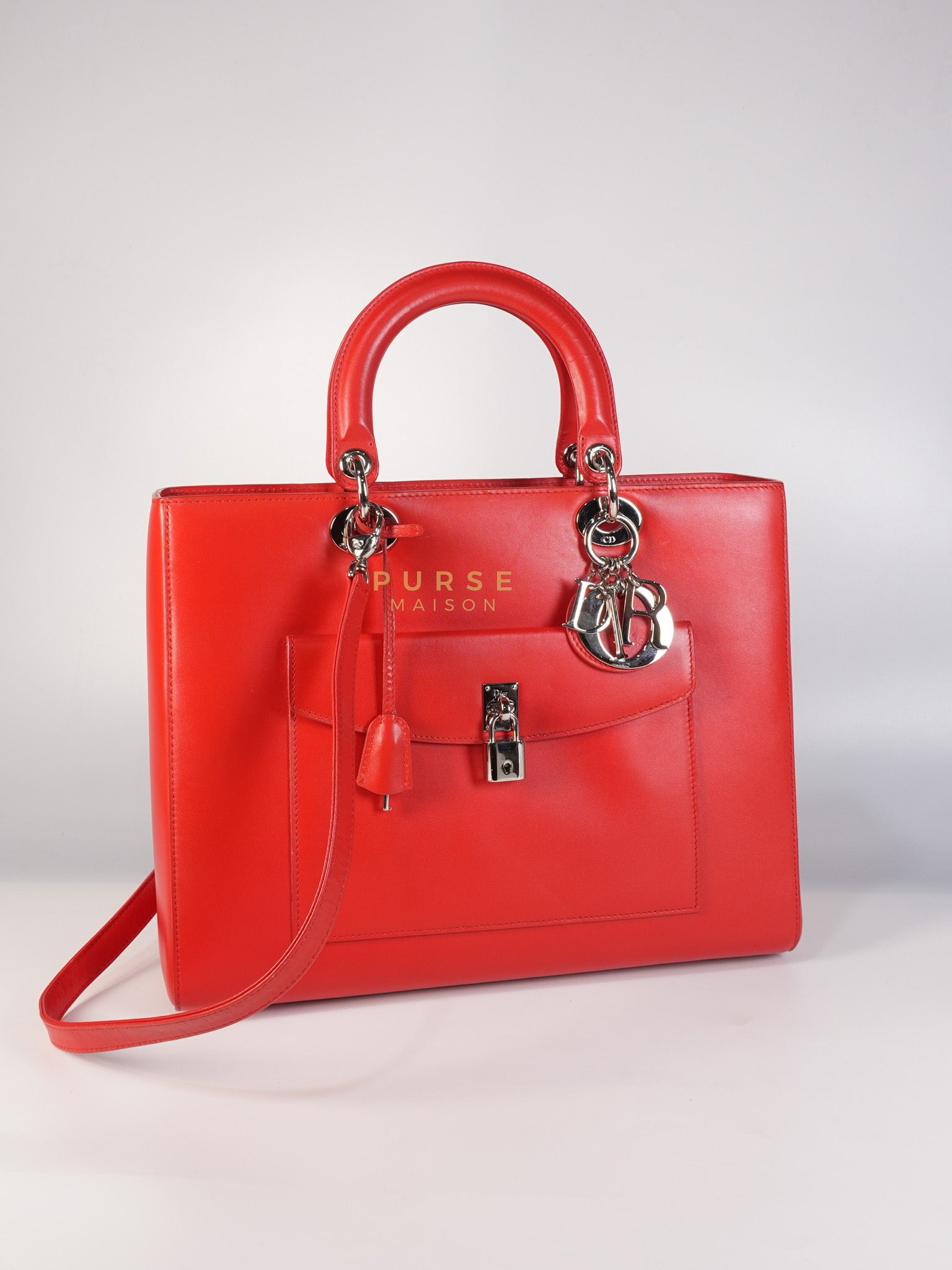 Lady Dior Front Pocket Large Tote Bag in Red Smooth Calfskin Leather & Silver Hardware | Purse Maison Luxury Bags Shop