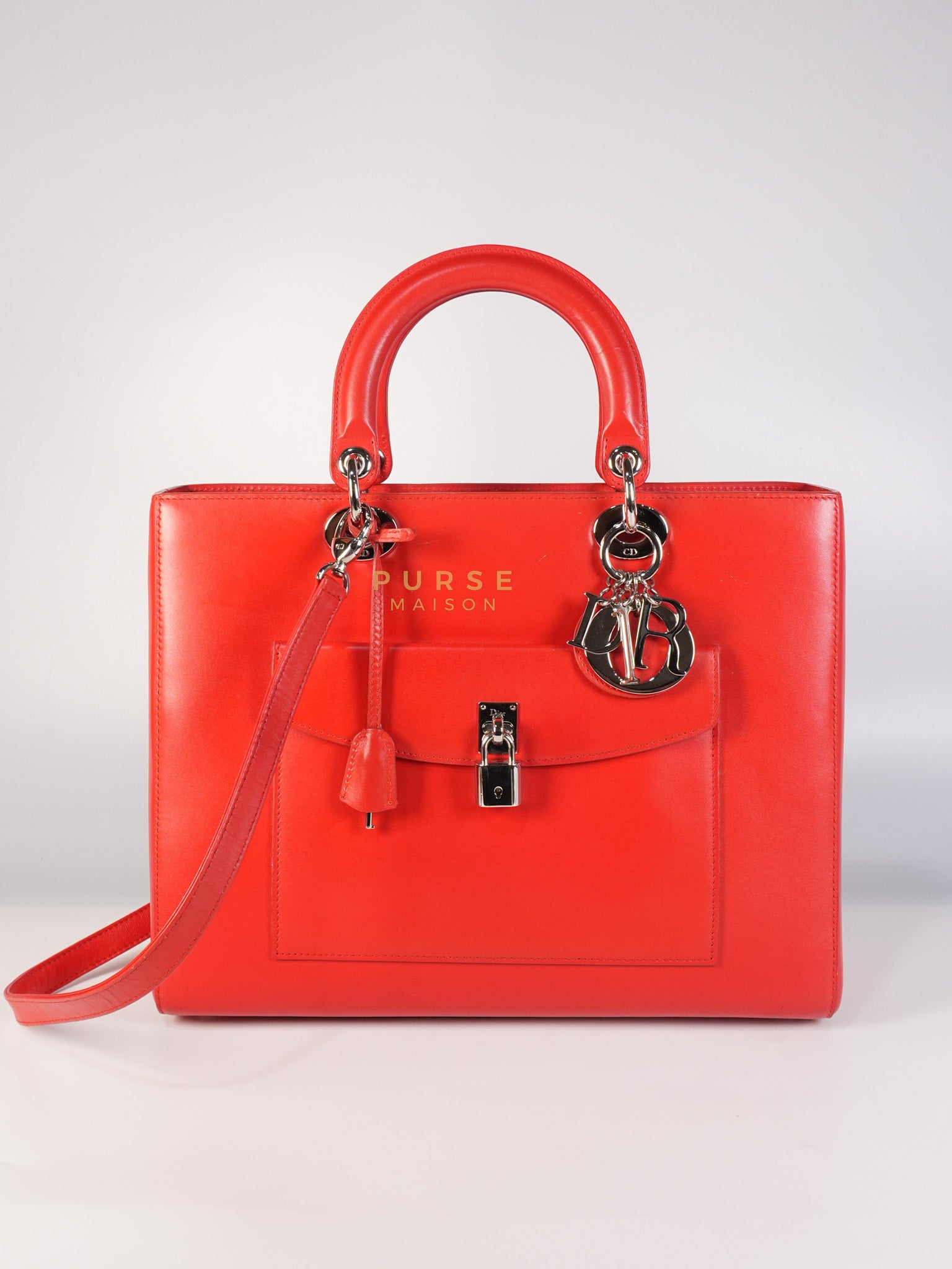 Lady Dior Front Pocket Large Tote Bag in Red Smooth Calfskin Leather & Silver Hardware | Purse Maison Luxury Bags Shop