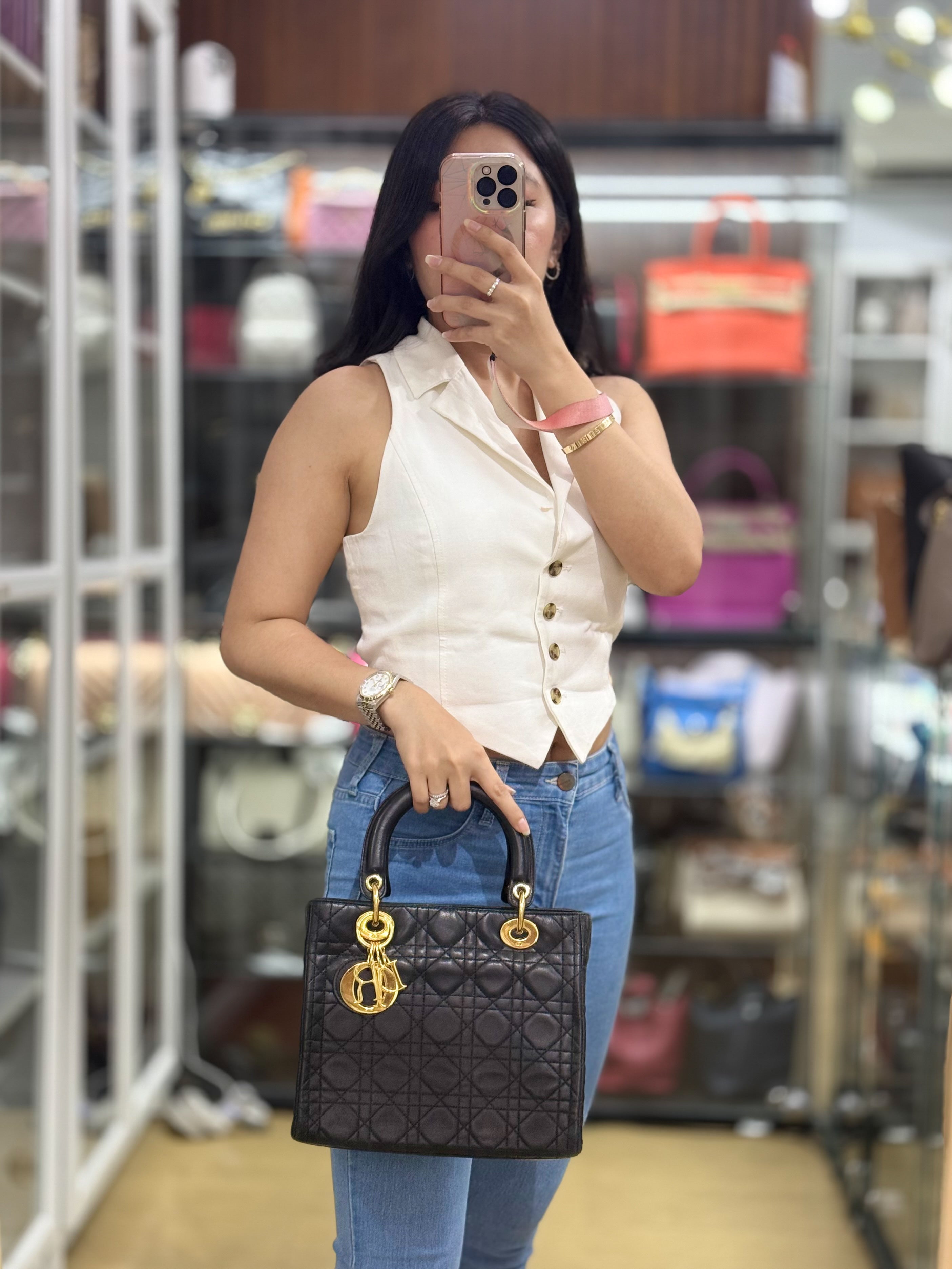 Lady Dior Medium Cannage Black Lambskin Hand Bag | Purse Maison Luxury Bags Shop
